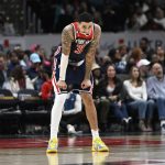 Mar 18, 2023; Washington, District of Columbia, USA; Washington Wizards forward Kyle Kuzma (33) looks on against the Sacramento Kings during the second half at Capital One Arena. Mandatory Credit: Brad Mills-USA TODAY Sports