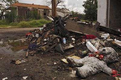 A stuffed animal lays amongst debris outside vacant homes in