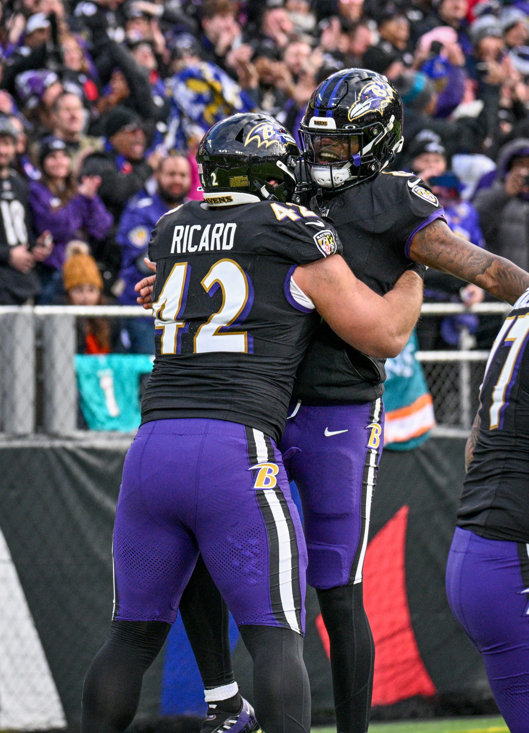Baltimore Ravens Patrick Ricard and quarterback Lamar Jackson celebrate a...