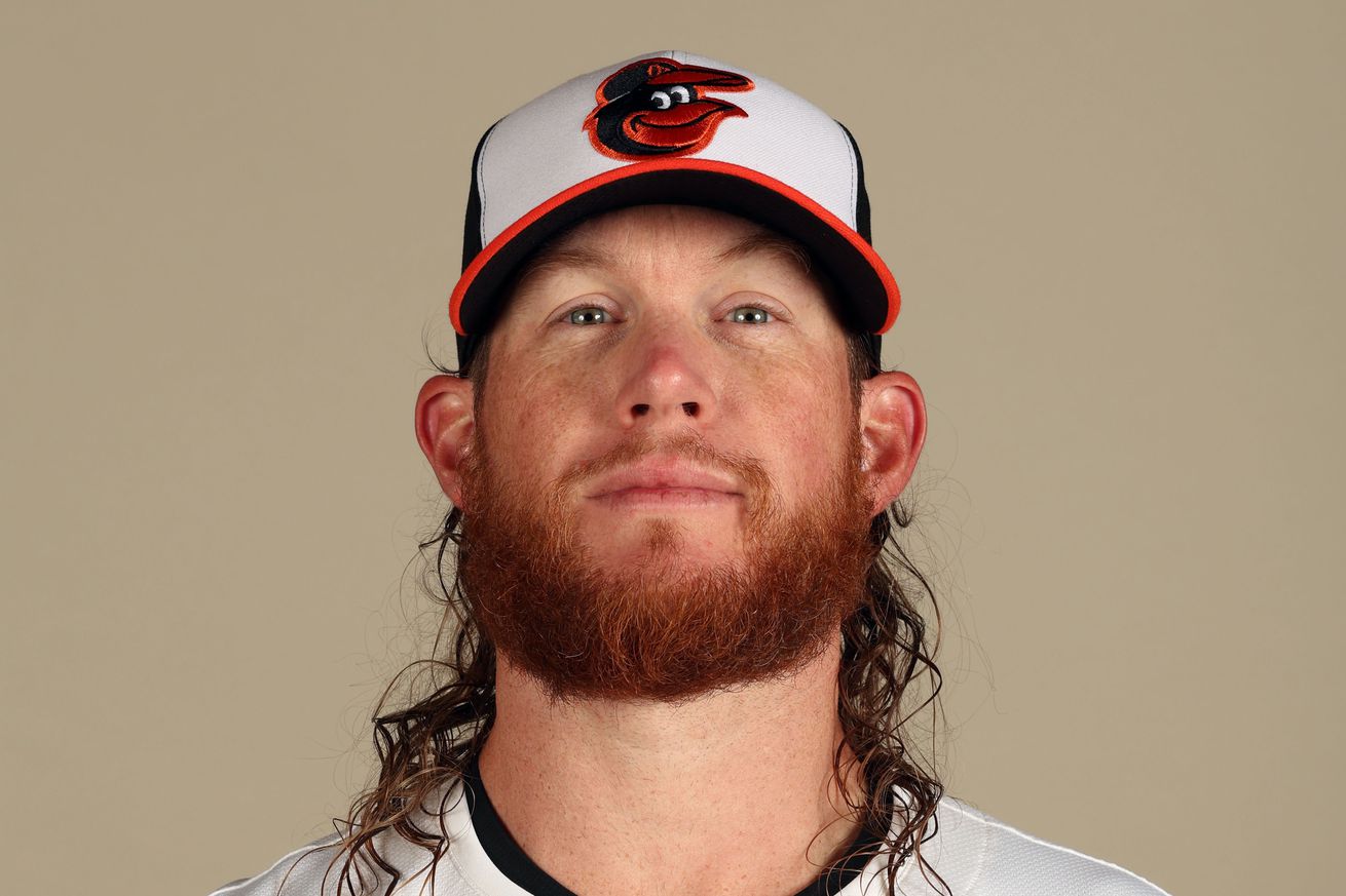 Craig Kimbrel, a man with a red beard and greasy-looking red hair, wearing a white Orioles uniform and white-panel Orioles hat with the Cartoon Bird logo