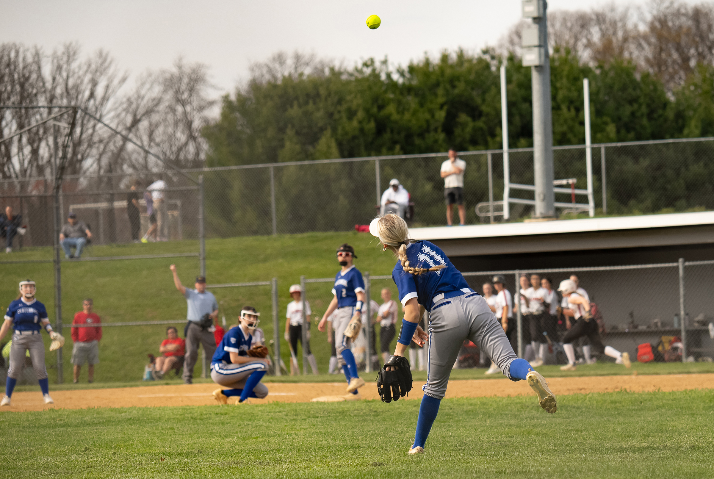 April 8, 2024 Centennial center fielder #11, Layla Schroyer, catches...