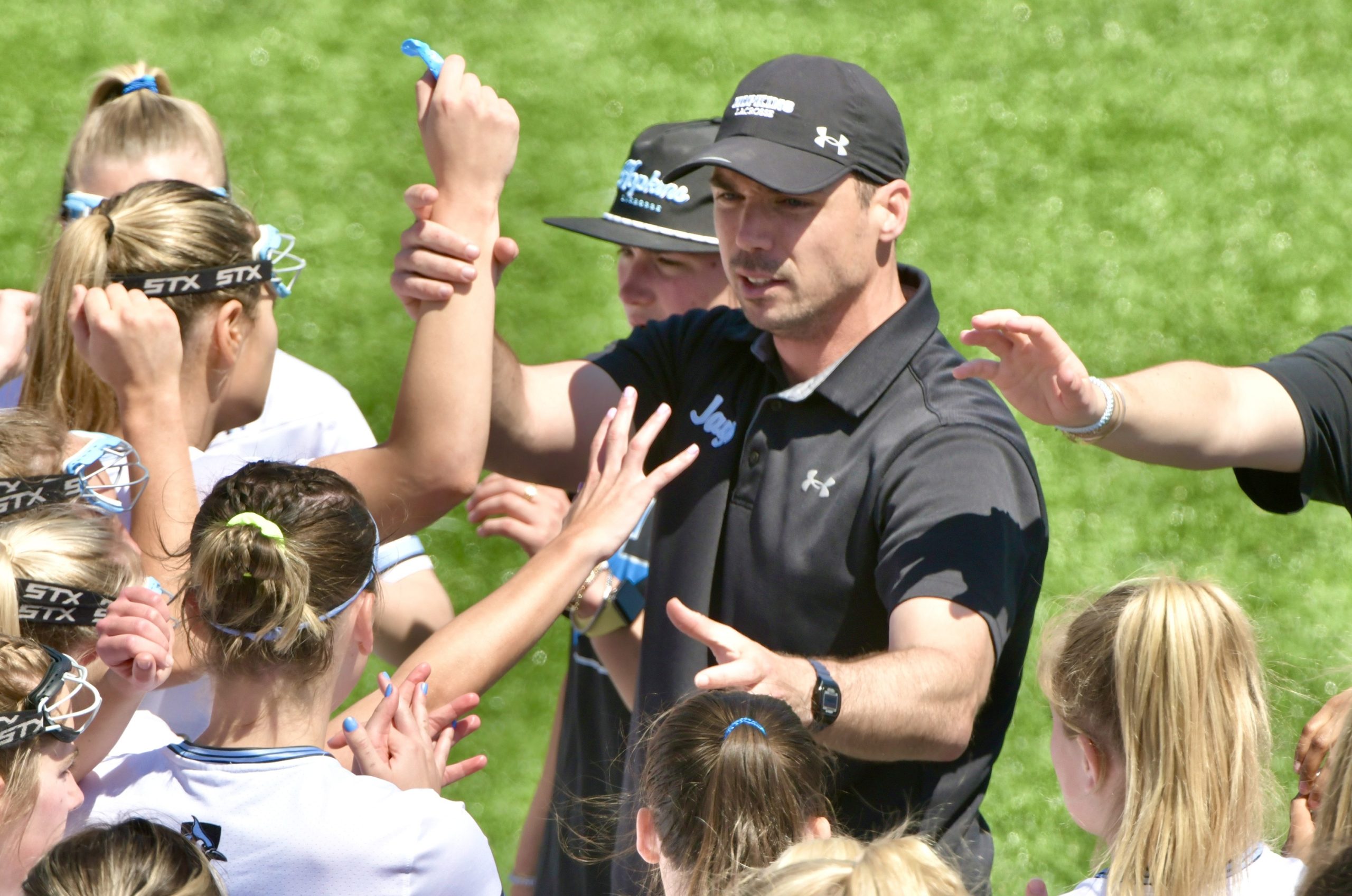Johns Hopkins’ Women!s Lacrosse head coach Tim McCormack joins his...
