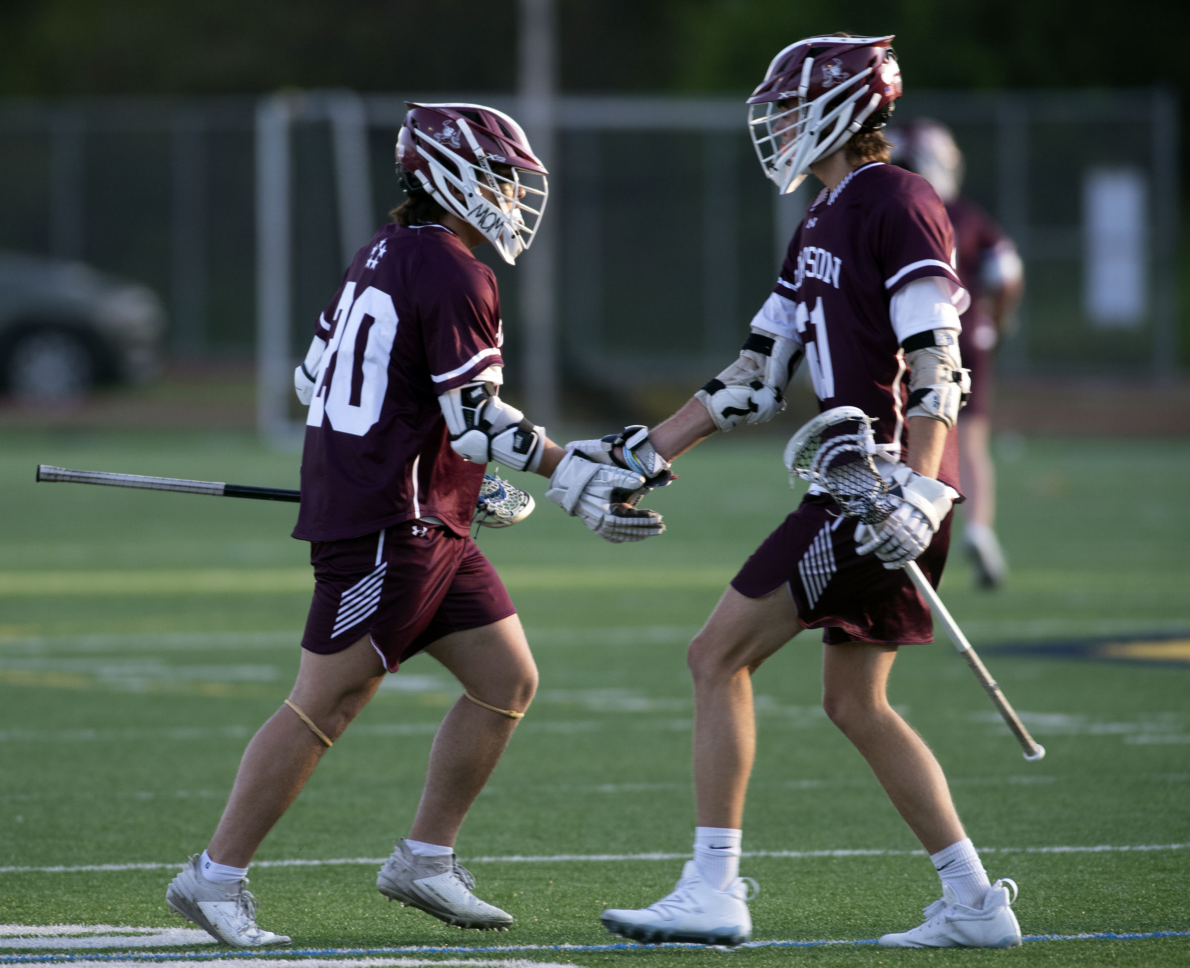 Towson’s Ansen Park, left, celebrates with Conner Parks after scoring...