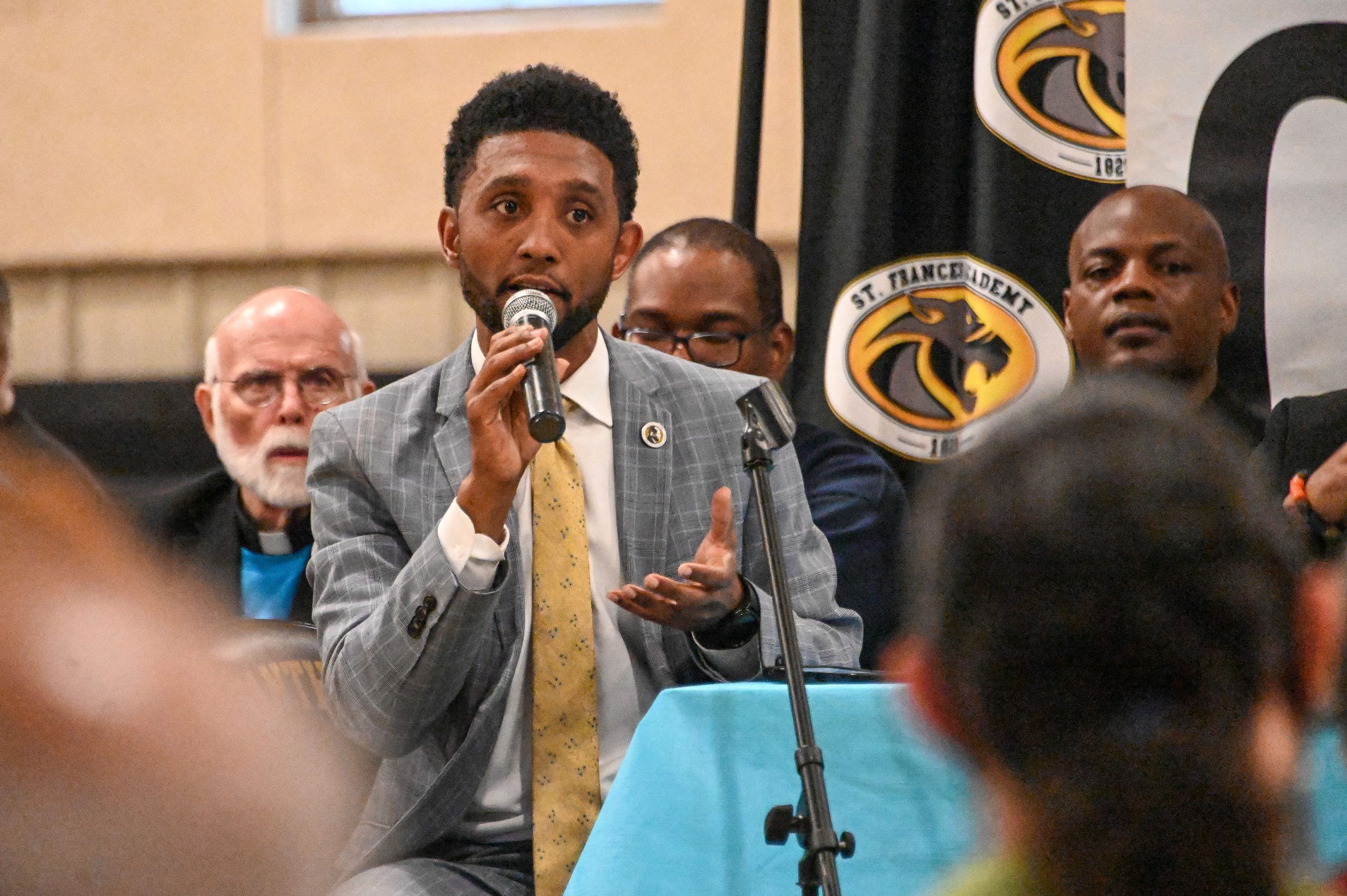 Baltimore mayoral candidate Brandon Scott, left, participated in a mayoral...