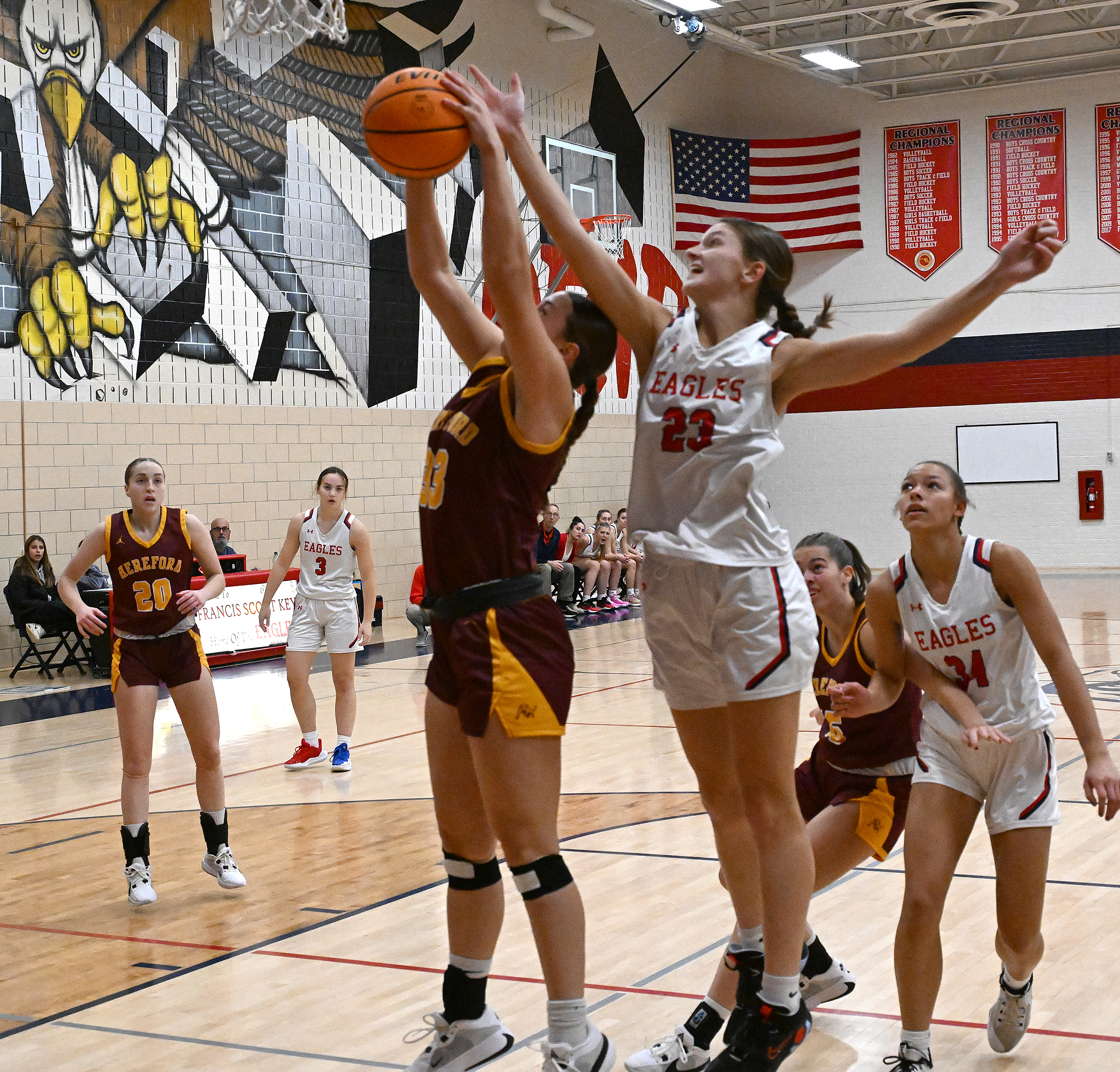 Hereford #33, Gabby Viscuso pulls down a rebound in the...