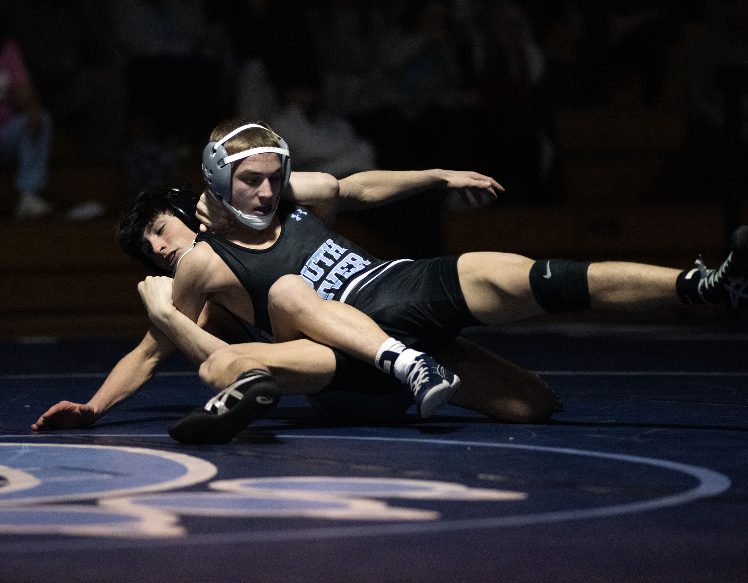 Jan. 24, 2025- South River’s Trent Shipley, front, and Chesapeake’s...