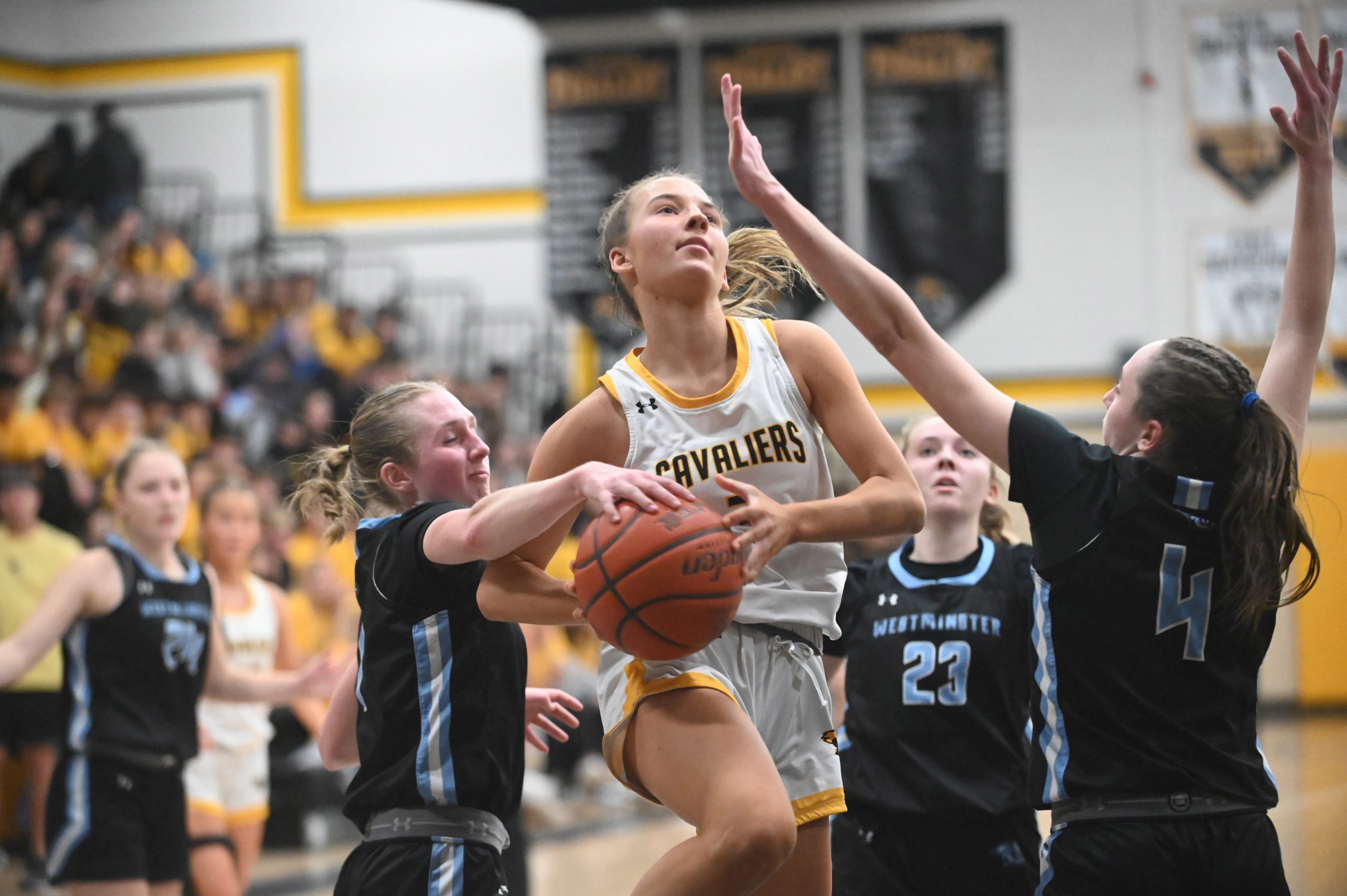 South Carroll's Kendall Curtin has her shot blocked by Westminster's...