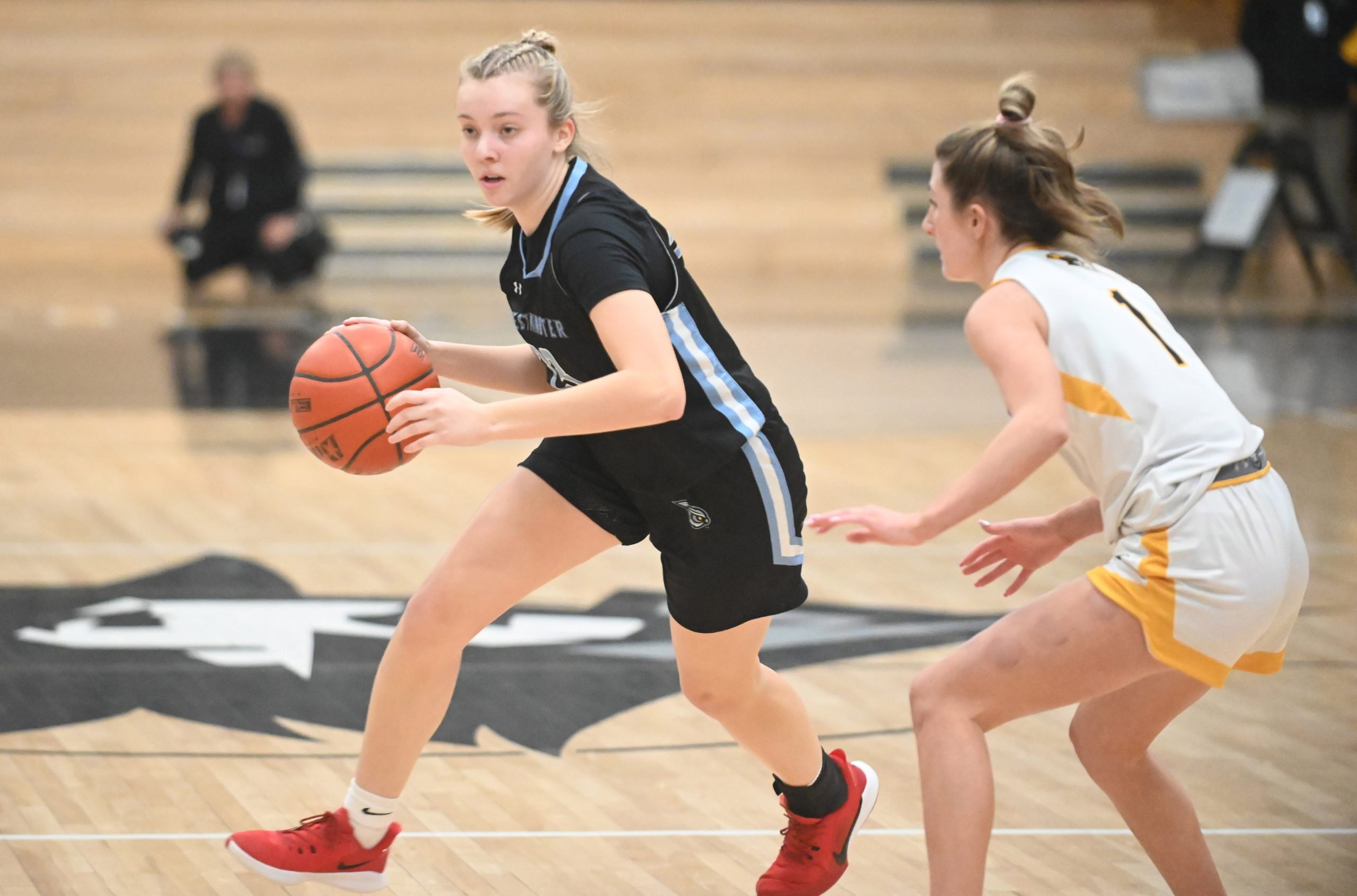 Westminster's Brinley Boag, left, tries to dribble away from pressure...