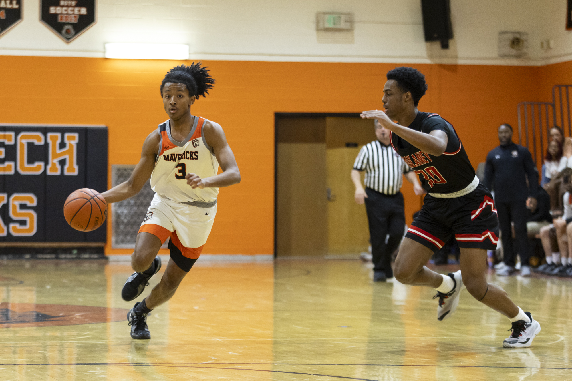 Jericho Wondeye carries the ball downcourt as Eastern Technical High...