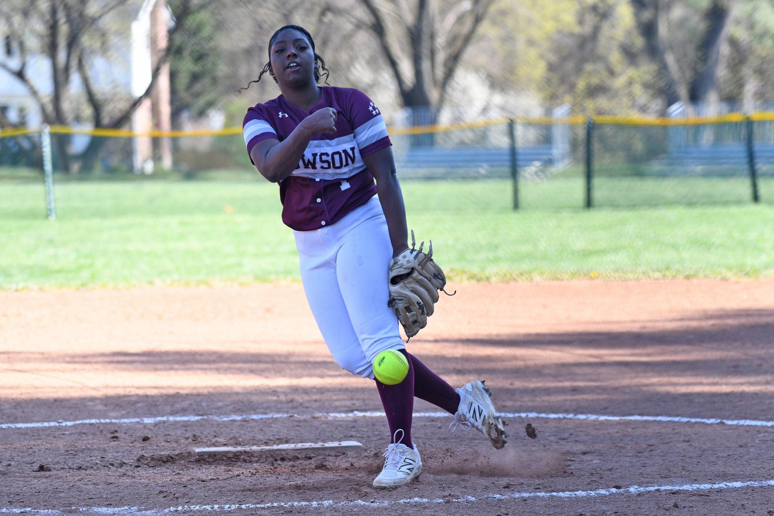 Telena Gardner, Towson, pitches against Dulaney in a softball game...