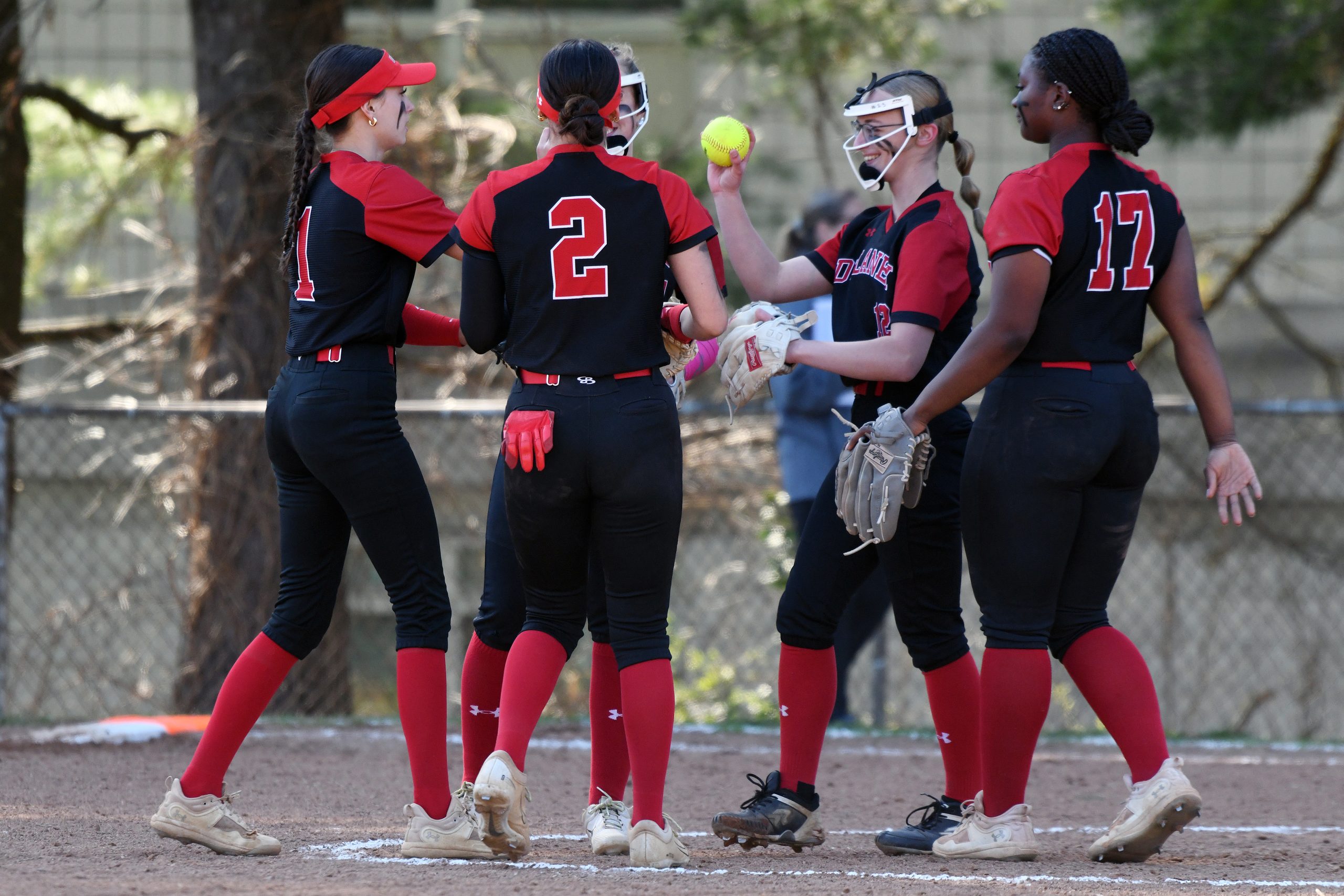 Dulaney pitcher Madison Scruple, celebrates striking out a Towson batter...