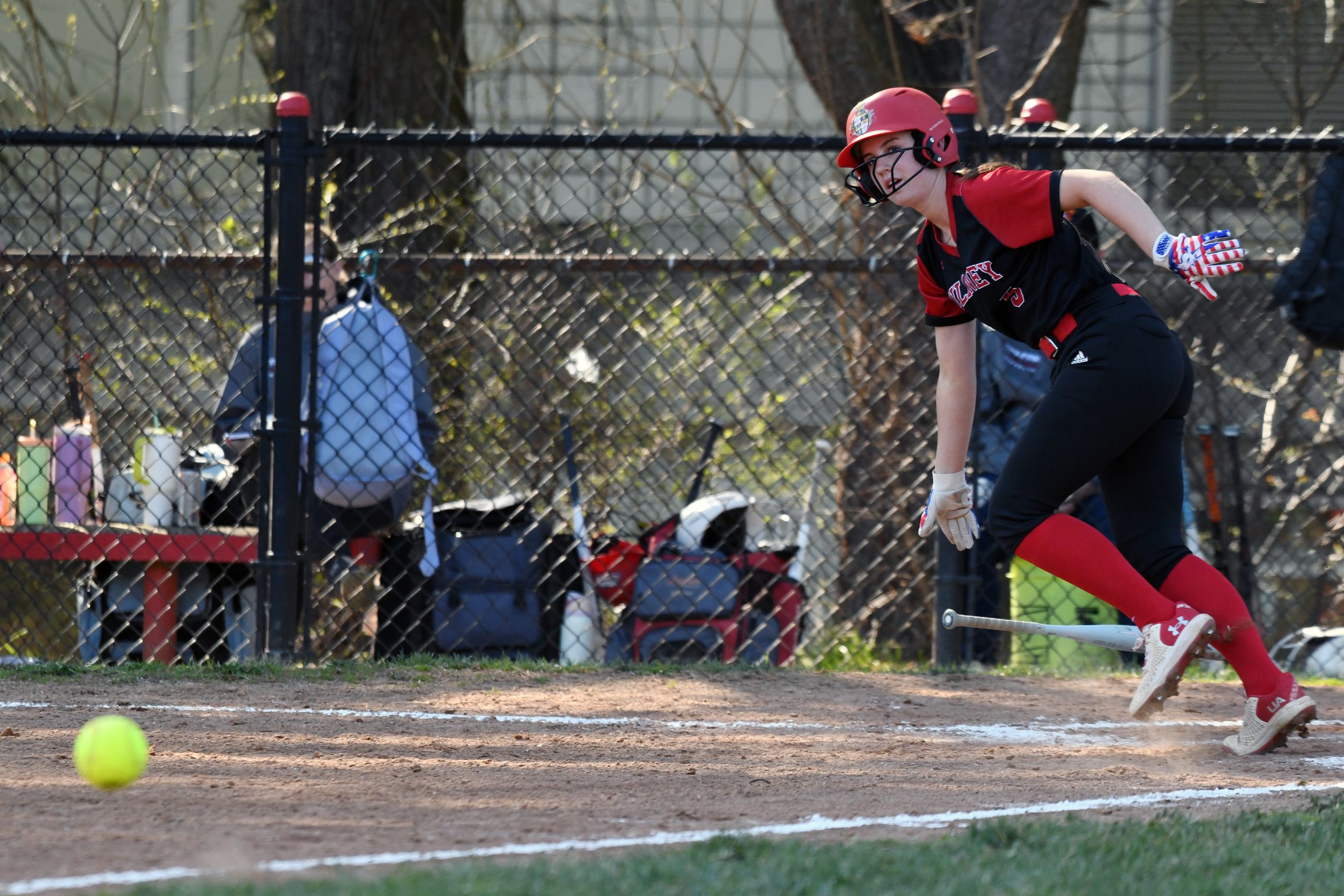 Avery Remeto, Towson, watches her hit go into foul territory...