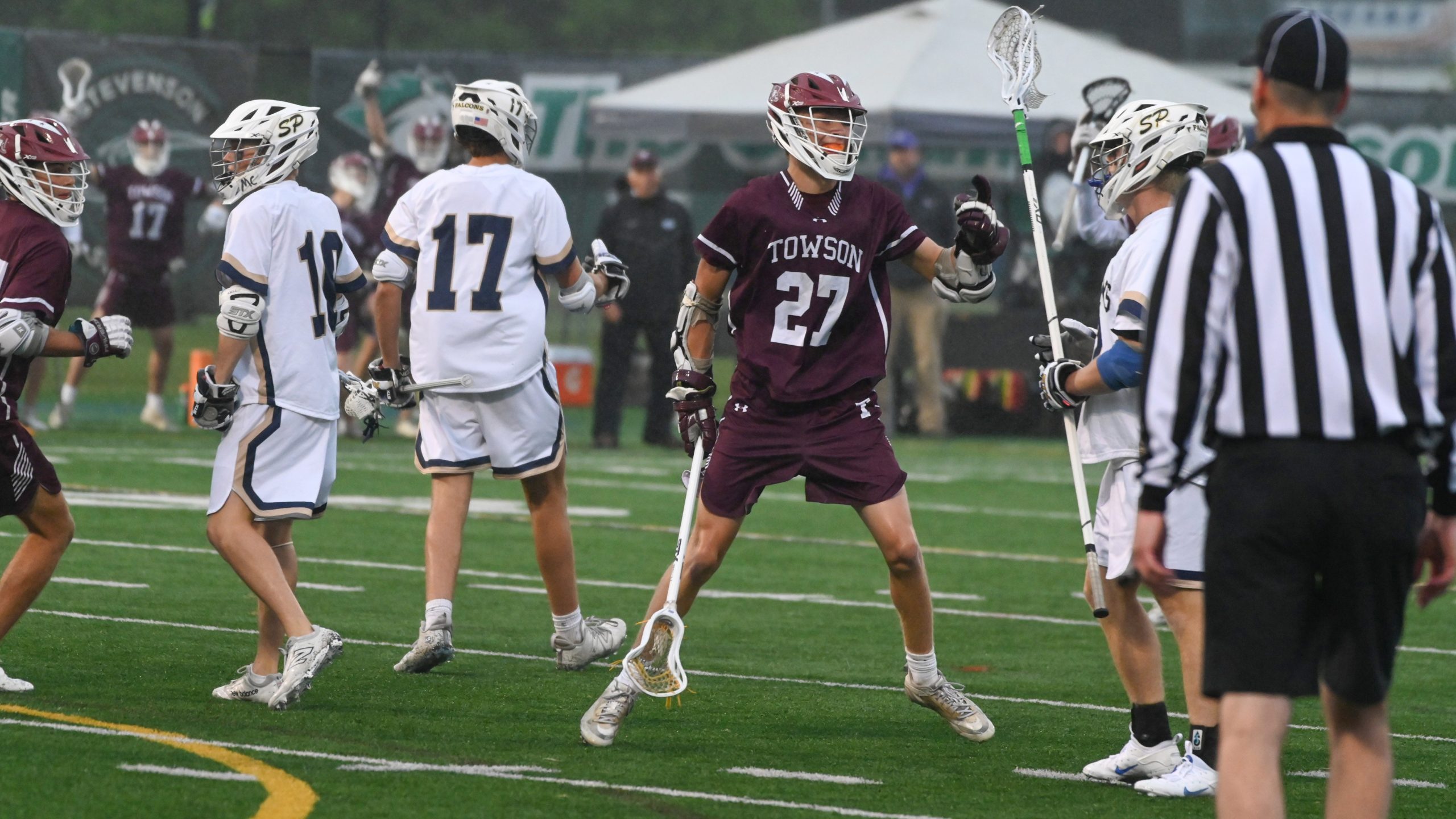 Towson’s Hudson Arrup #27 celebrates scoring a goal against Severna...