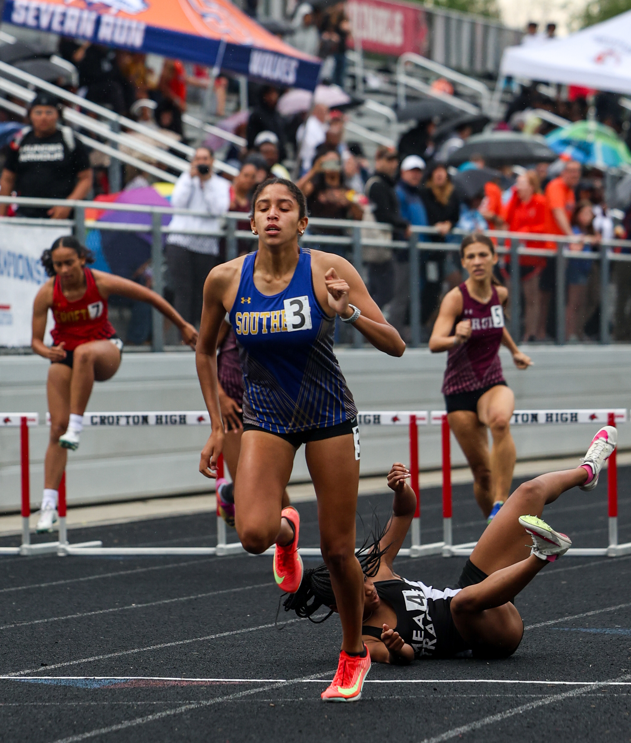 Marley Shaw, Southern, wins girls 300m hurdles. Meade’s Jaslyn Bangoura...