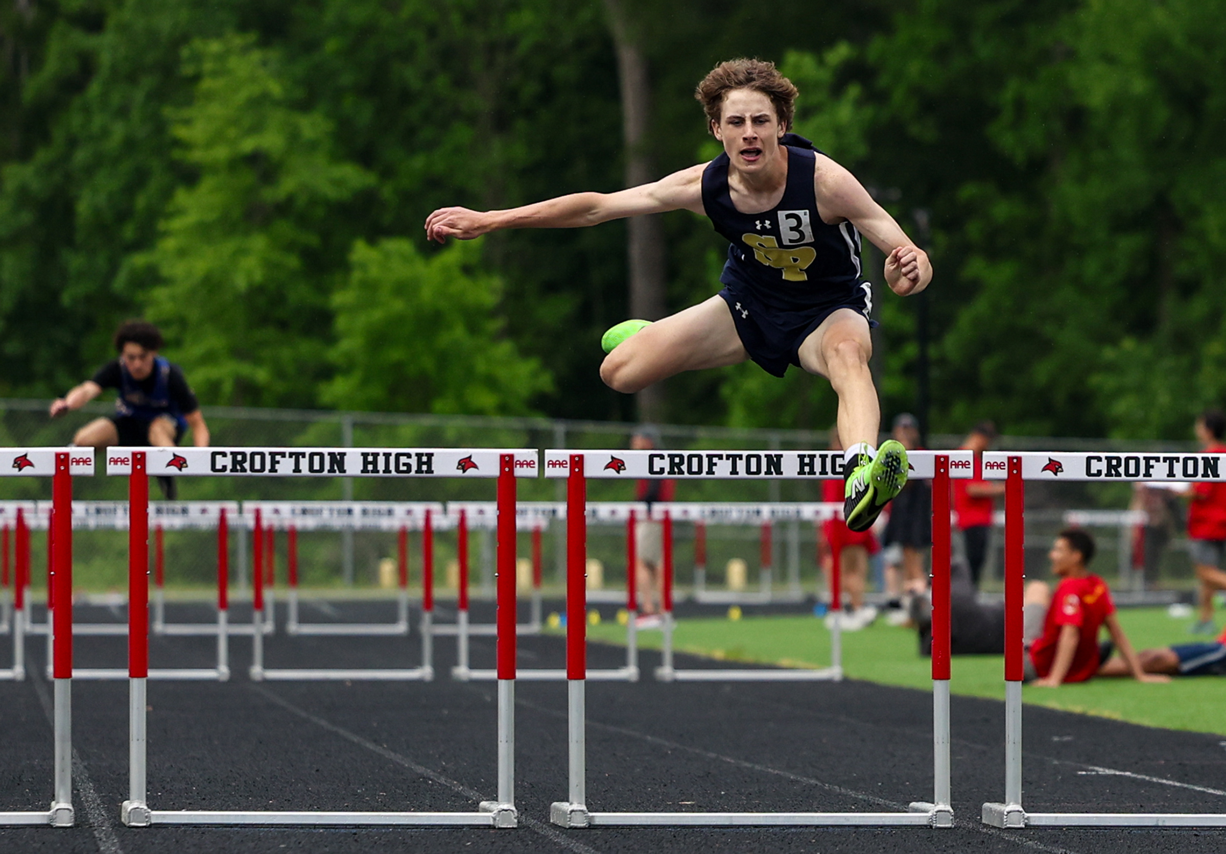 Collin Blain, Severna Park, wins Boys 300m Hurdles. Anne Arundel...