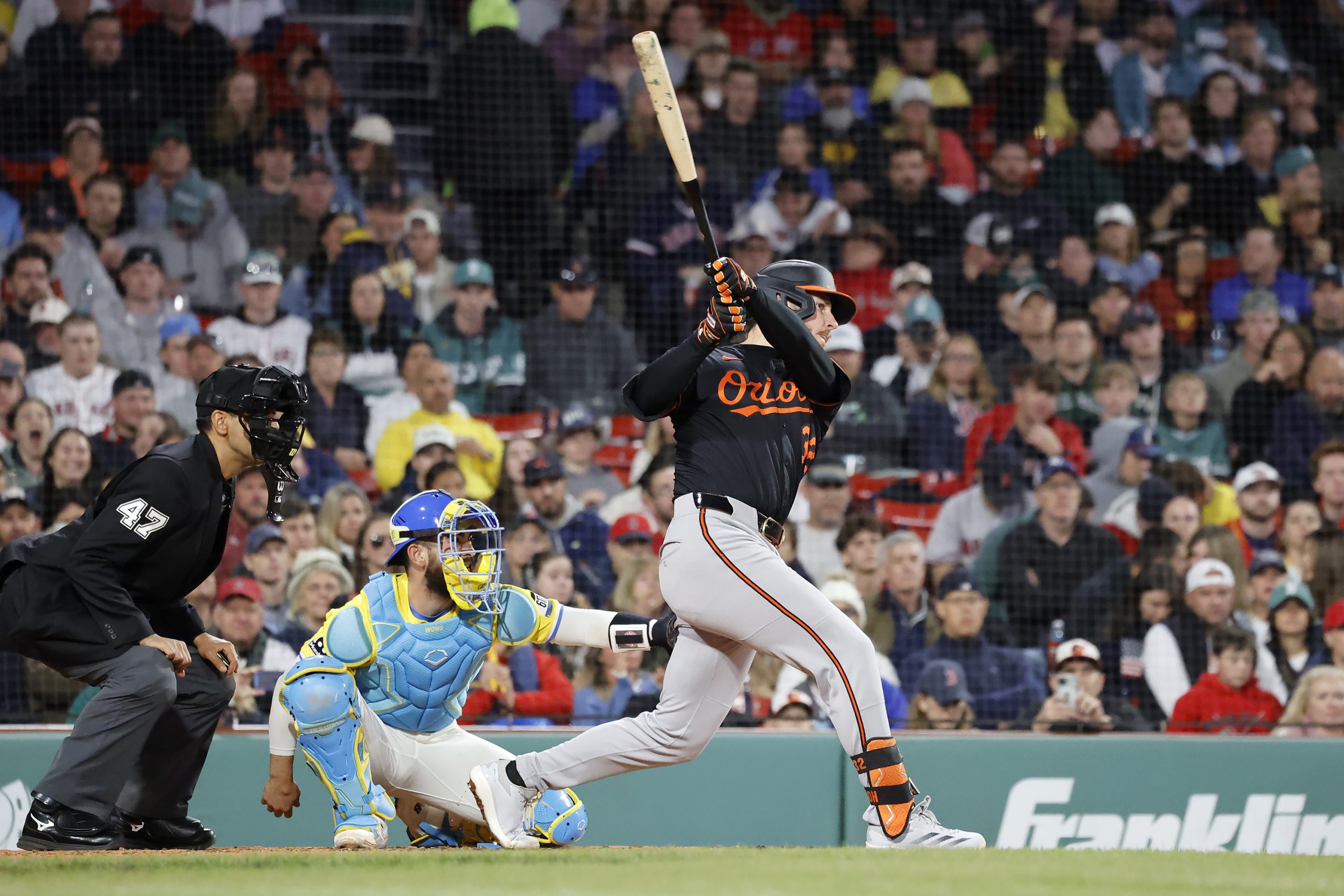 The Orioles' Ryan O'Hearn hits an RBI single in the...