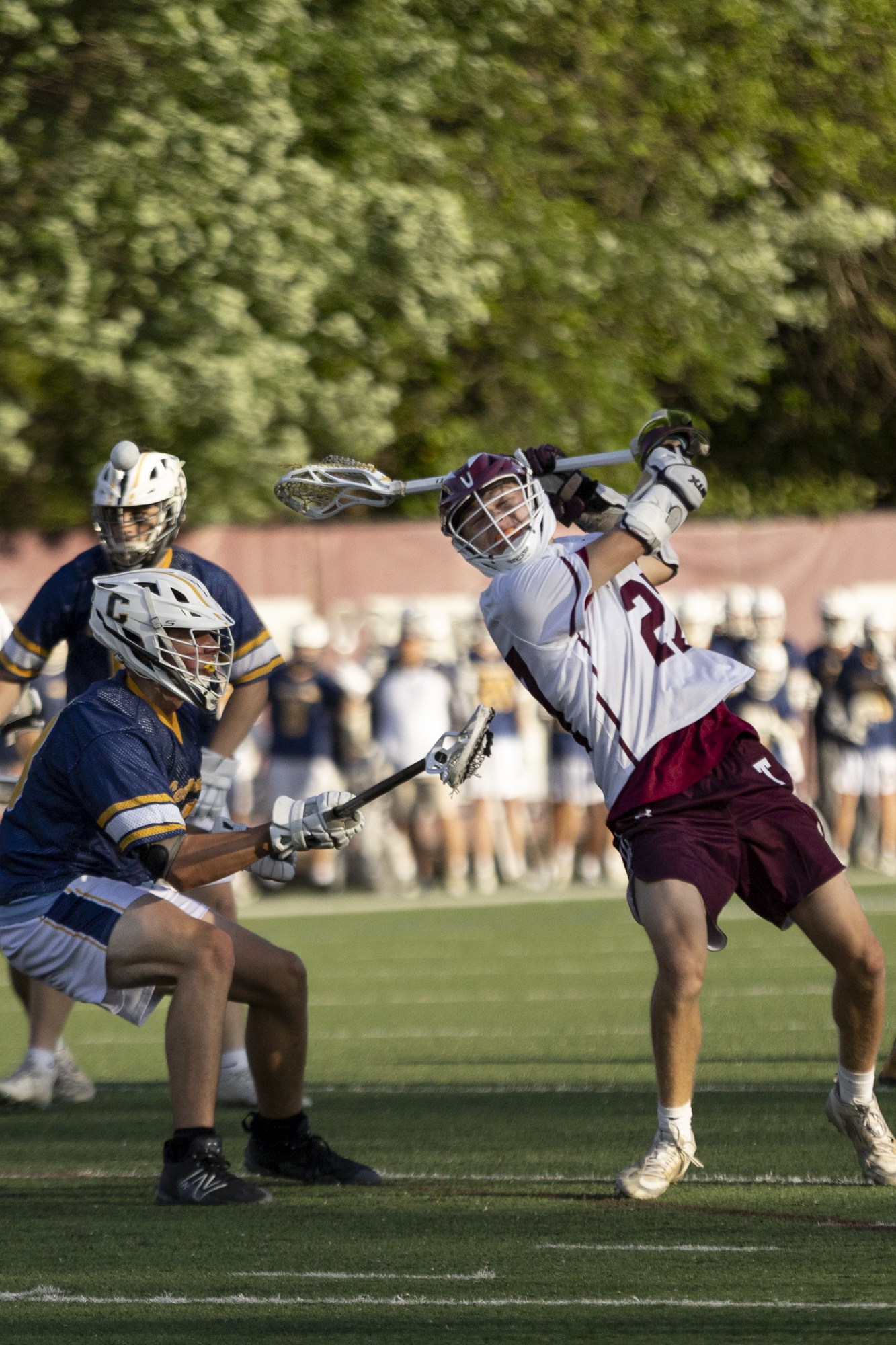 Towson’s Hudson Arrup attempts an over-the-shoulder shot at the goal...