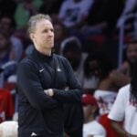 Apr 13, 2025; Miami, Florida, USA; Washington Wizards head coach Brian Keefe reacts against the Miami Heat during the second half at Kaseya Center. Mandatory Credit: Rhona Wise-Imagn Images