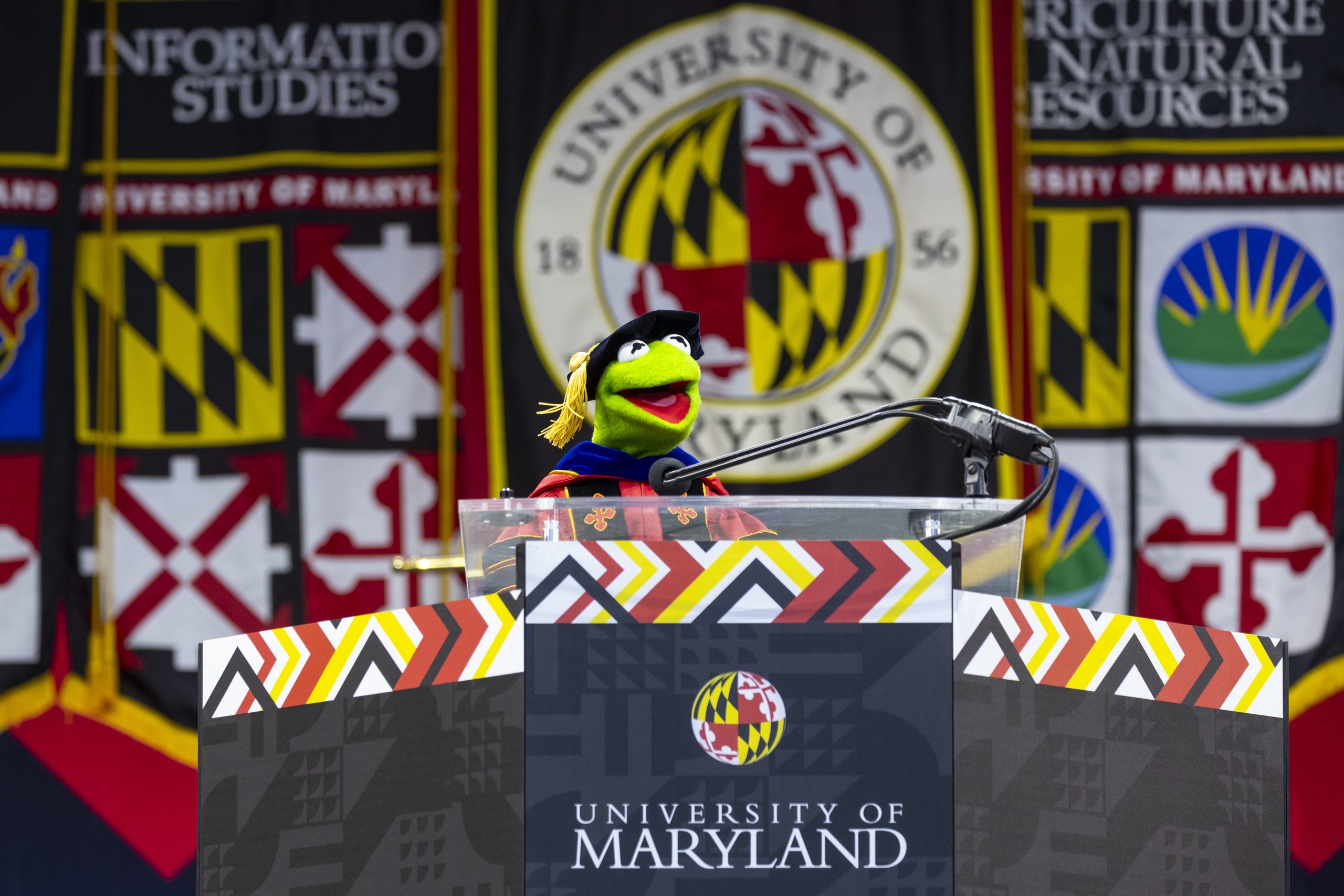 Kermit the Frog speaks during University of Maryland's commencement ceremony...