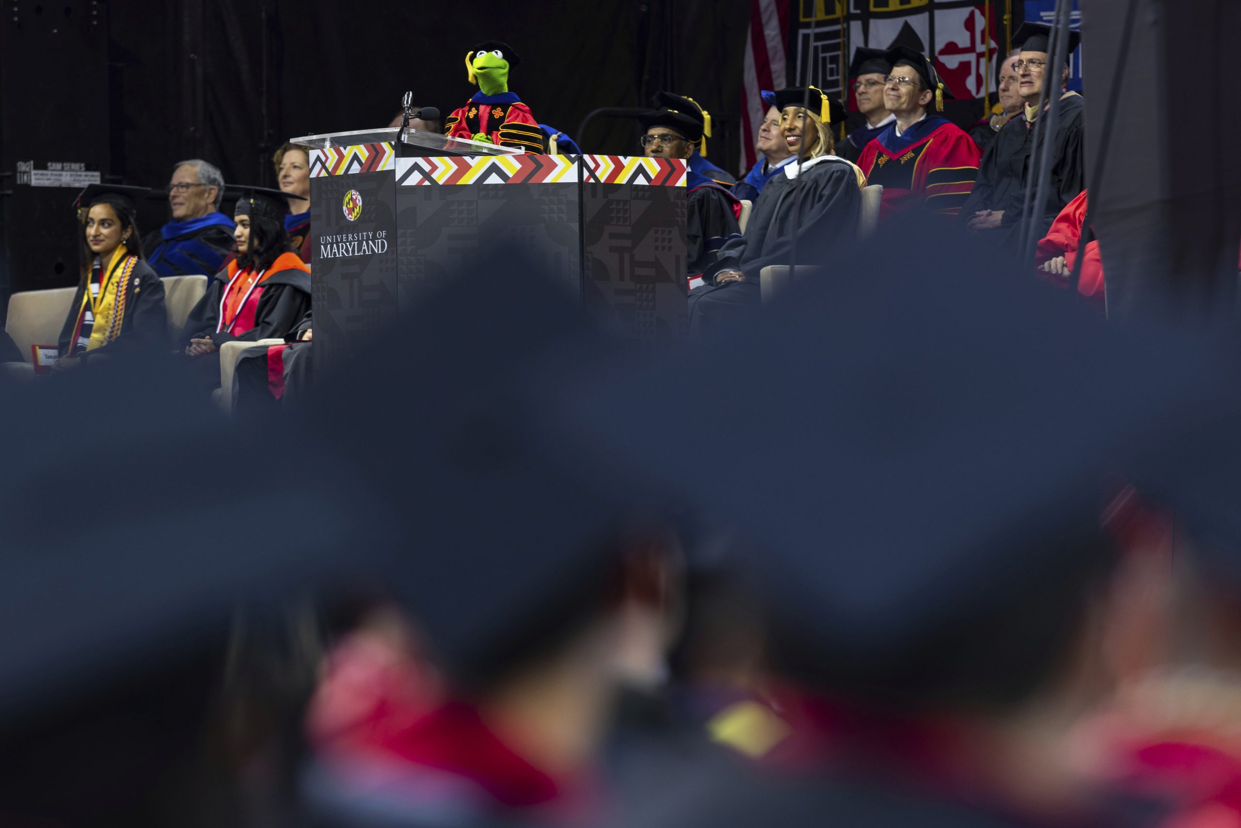 Kermit the Frog speaks during University of Maryland's commencement ceremony...