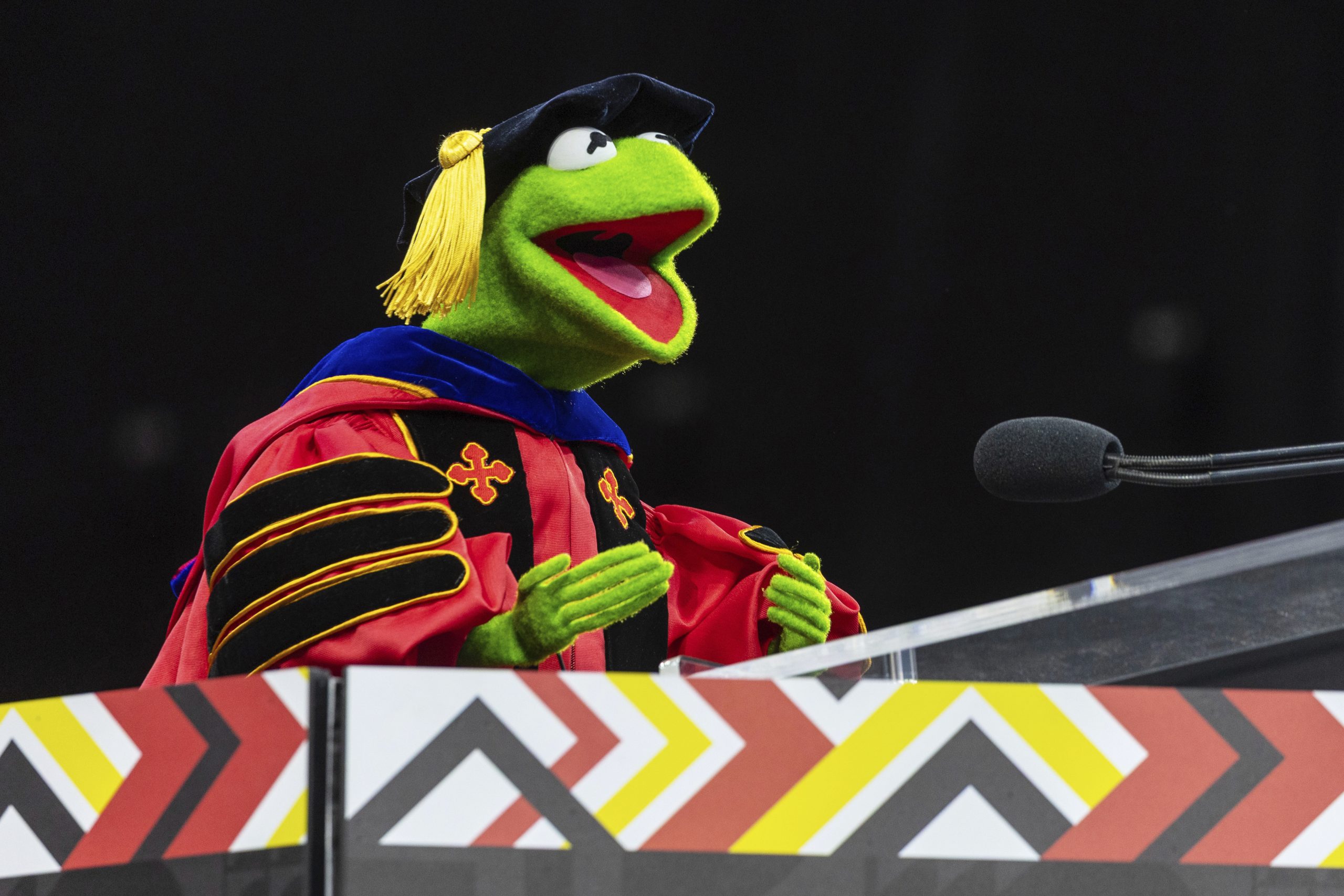 Kermit the Frog speaks during University of Maryland's commencement ceremony...
