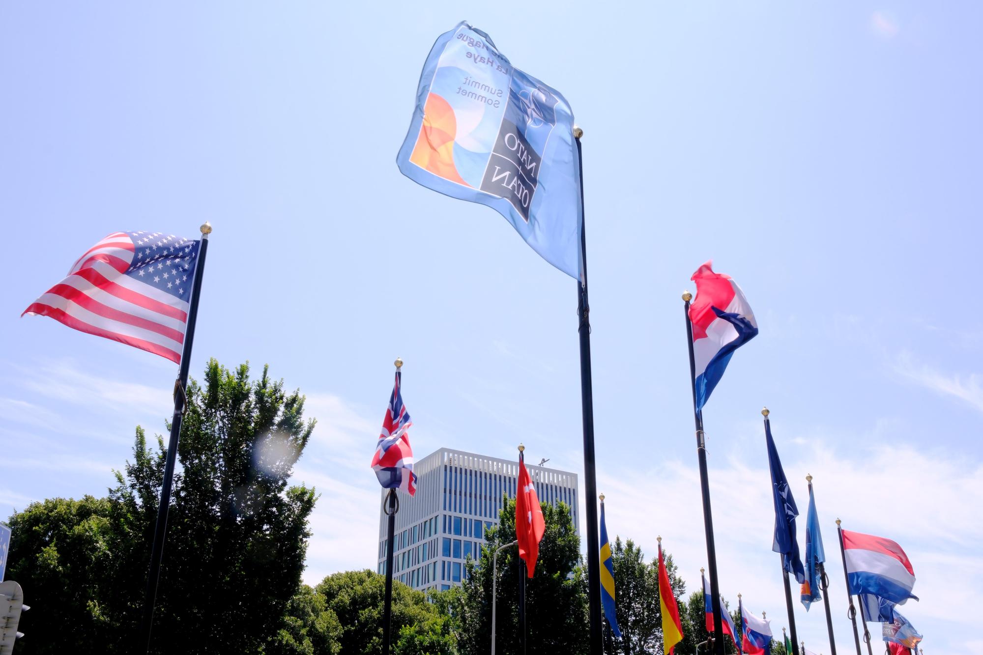 International flags on the venue ahead of the upcoming NATO...
