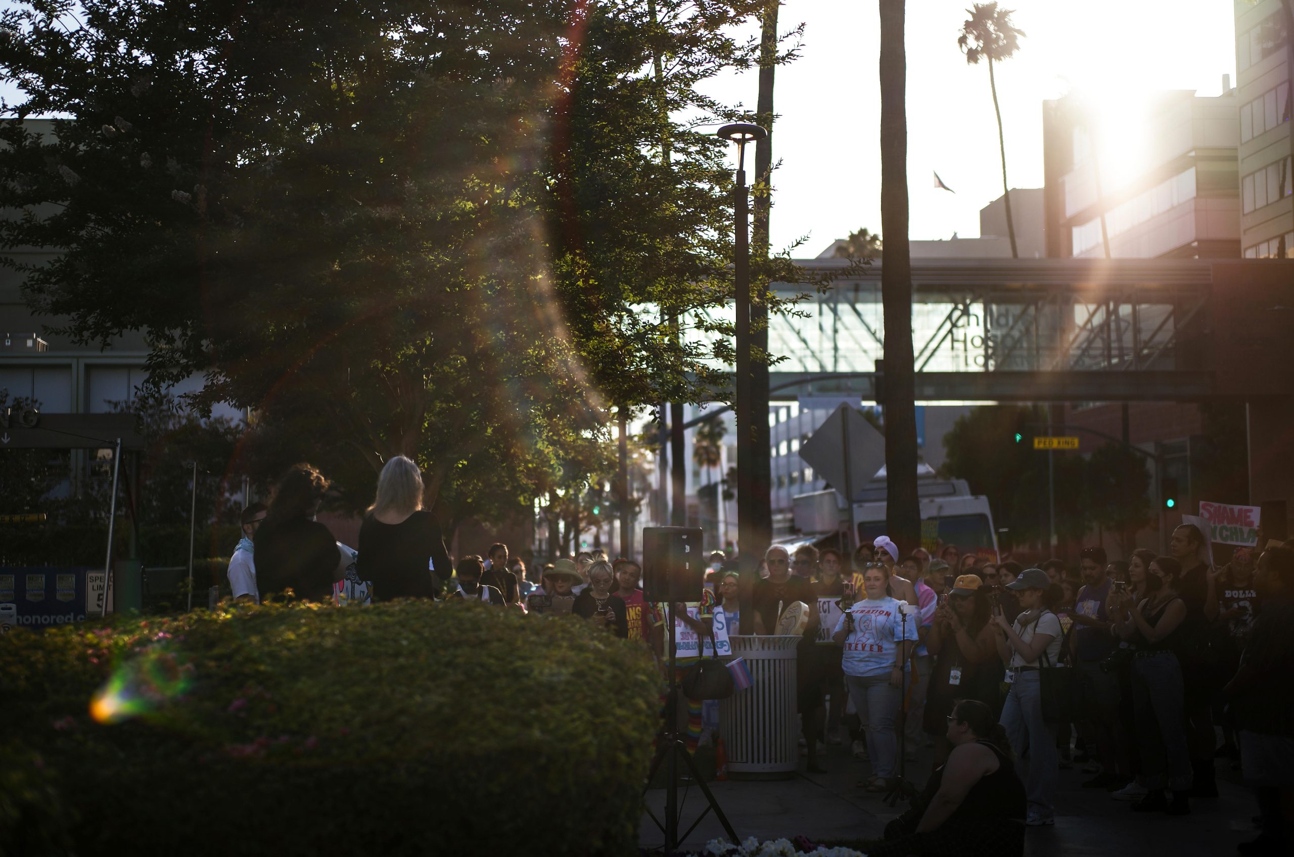 Protesters gather outside Children’s Hospital Los Angeles, Thursday, July 3,...