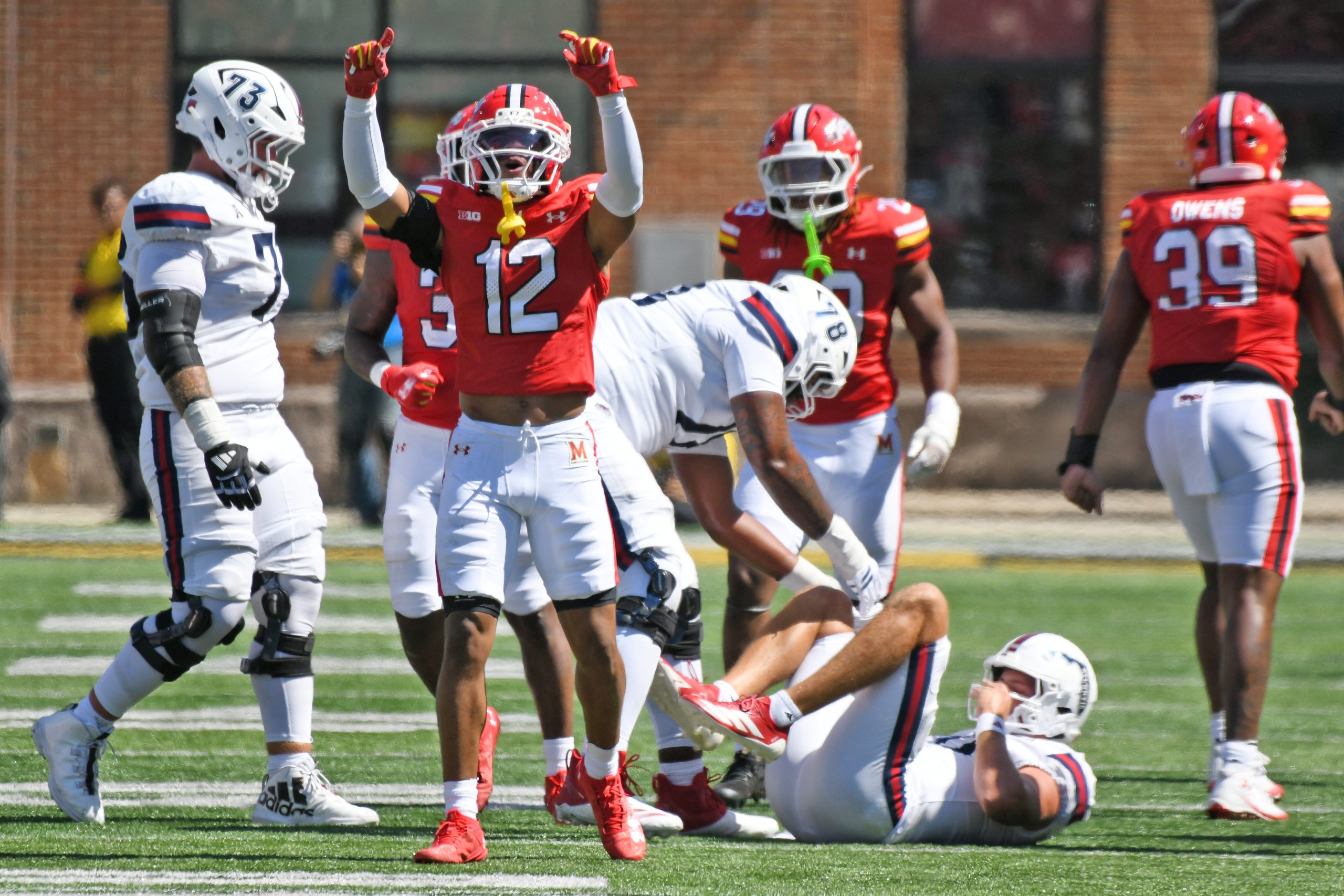 Aug 30, 2025: Maryland’s Jayden Shipps celebrates sacking Florida Atlantic...