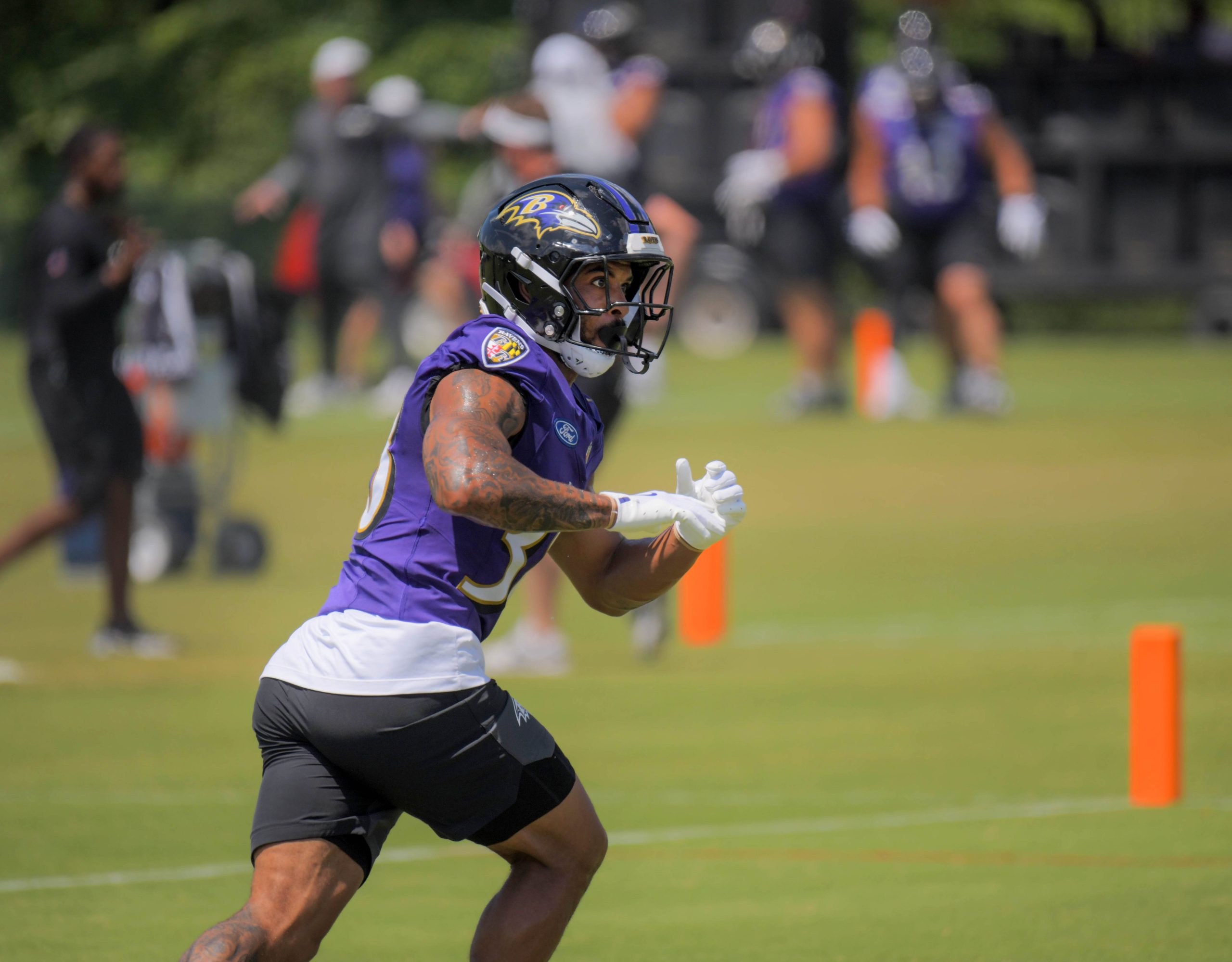 Baltimore Ravens running back Myles Gaskin runs during practice at...