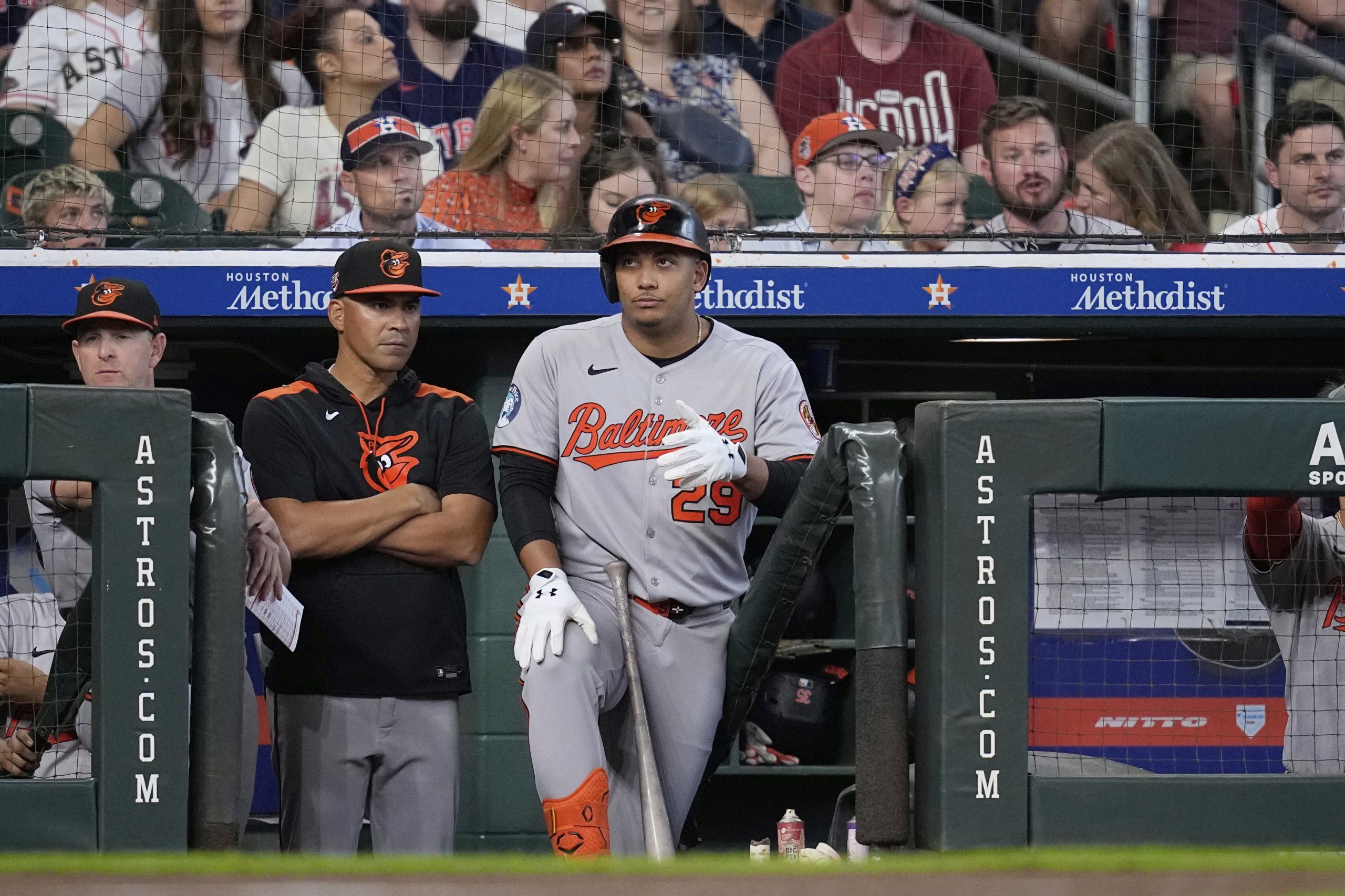 Baltimore Orioles' Samuel Basallo waits to bat Houston Astros during...