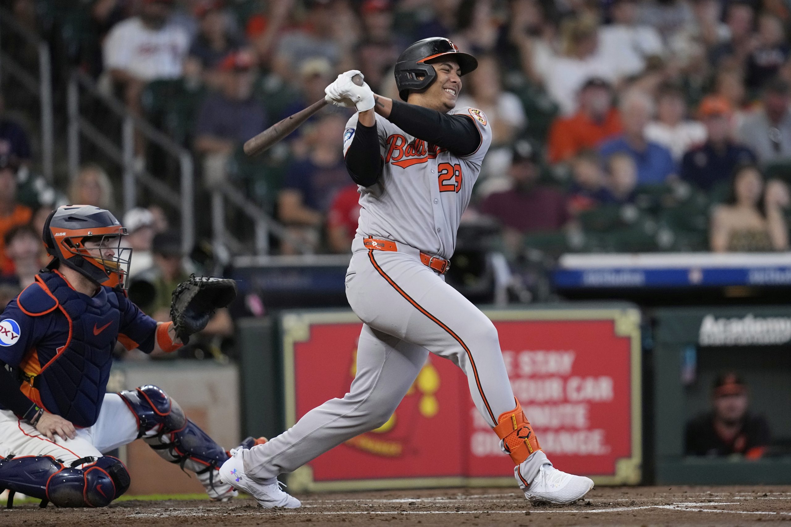 Baltimore Orioles' Samuel Basallo fouls a pitch against the Houston...
