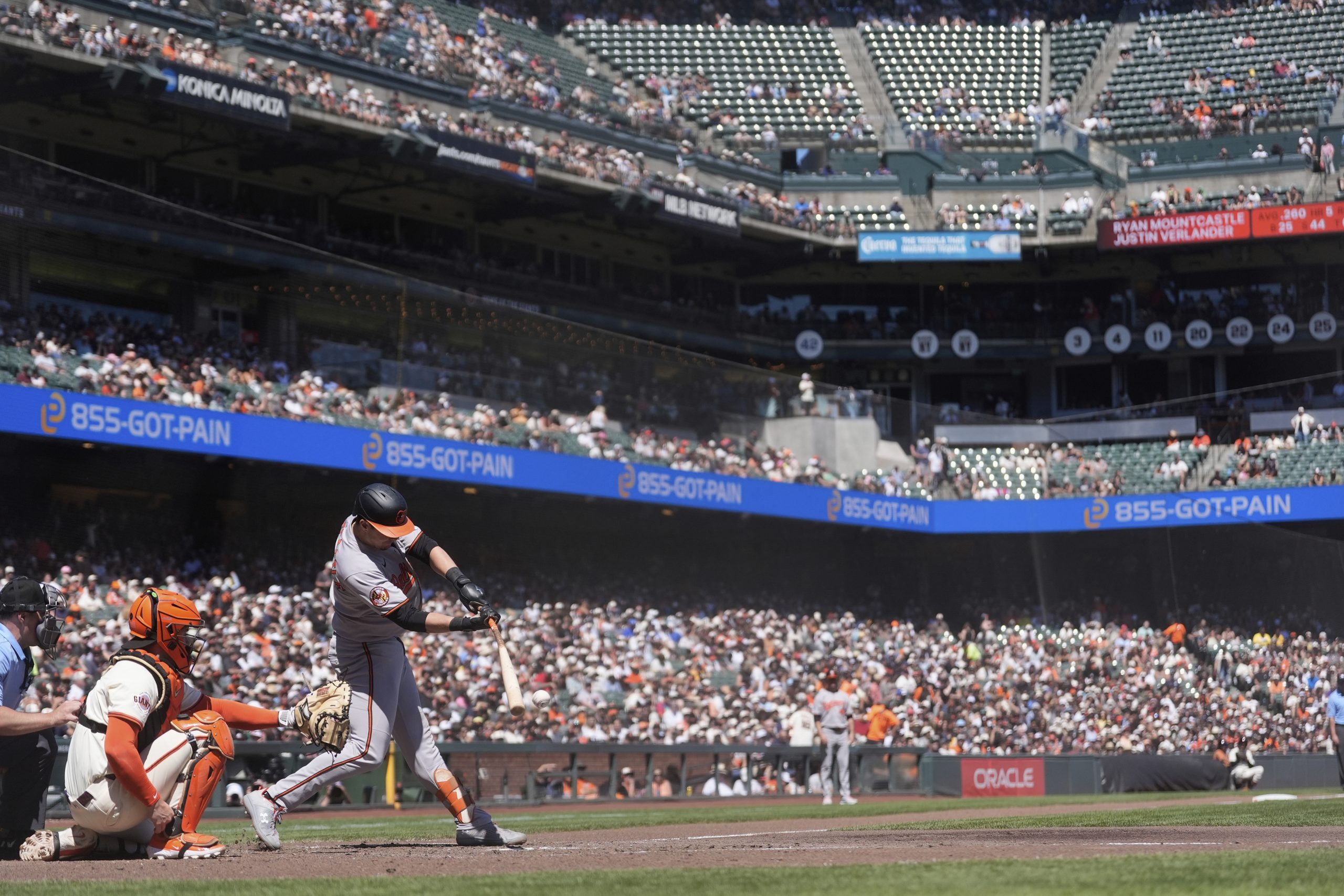 Baltimore Orioles' Ryan Mountcastle, second from bottom left, hits a...