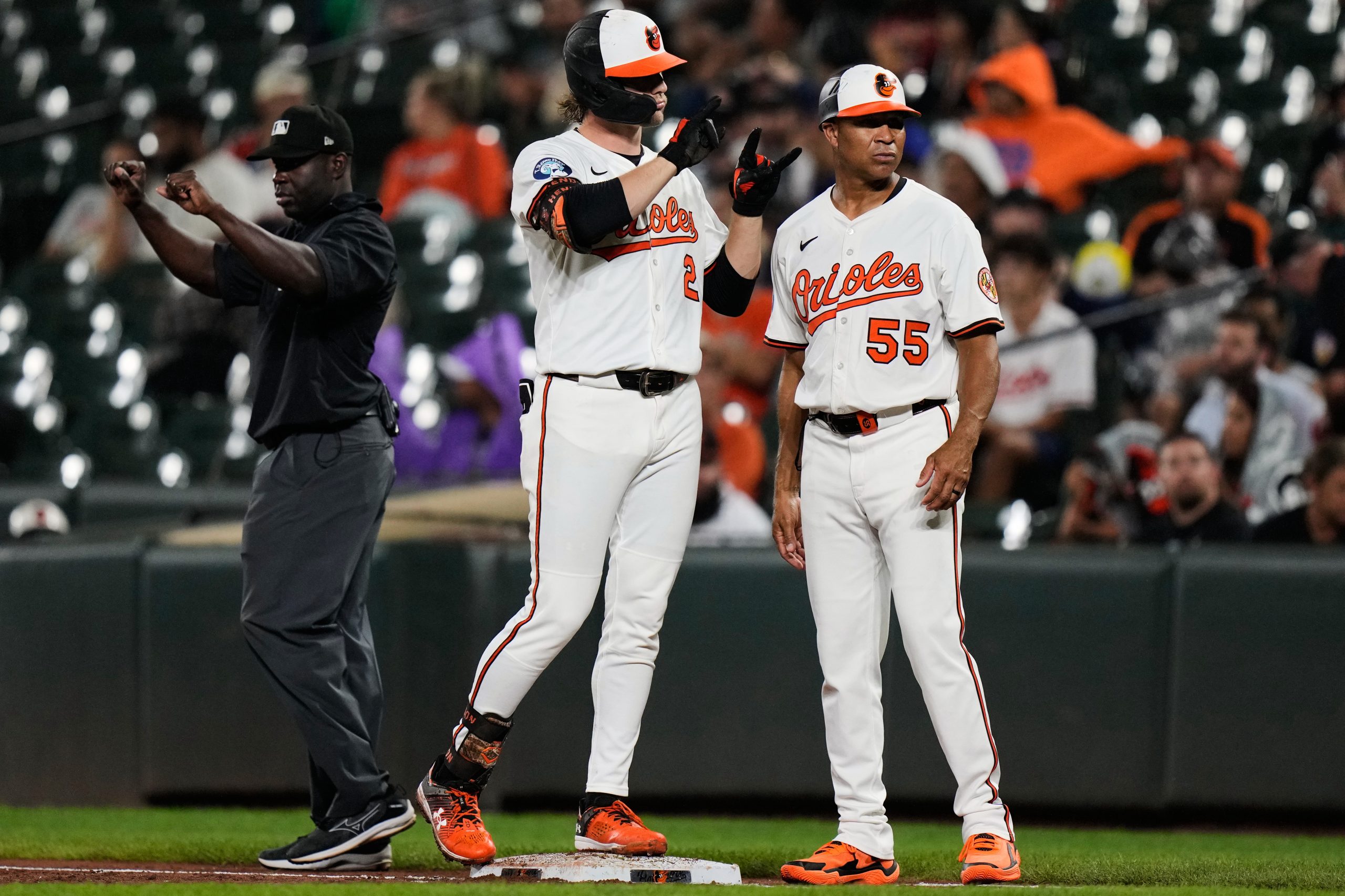 Baltimore Orioles' Gunnar Henderson (2) celebrates after hitting an RBI...