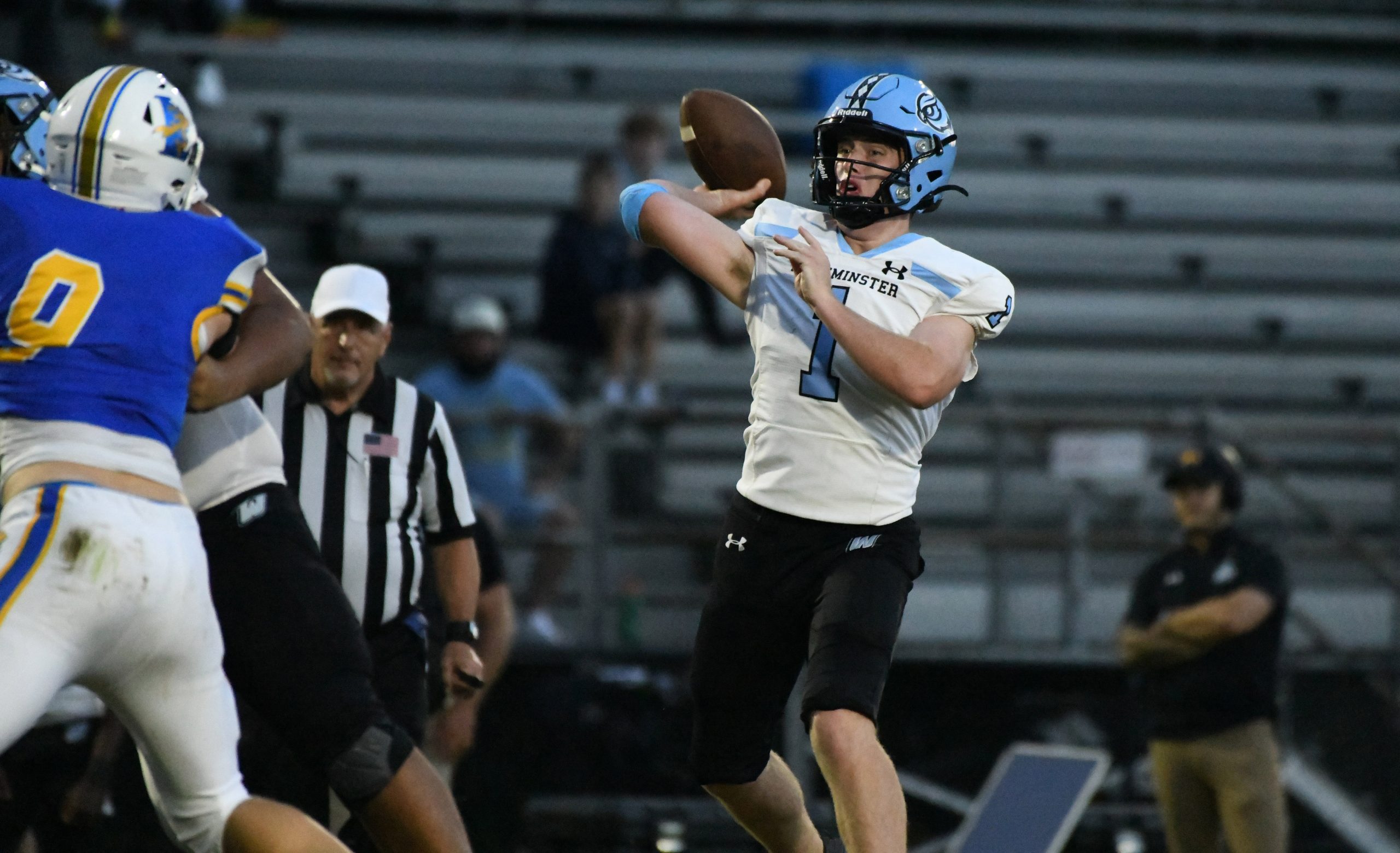 Westminster's Rory O'Connor throws a pass to a receiver during...
