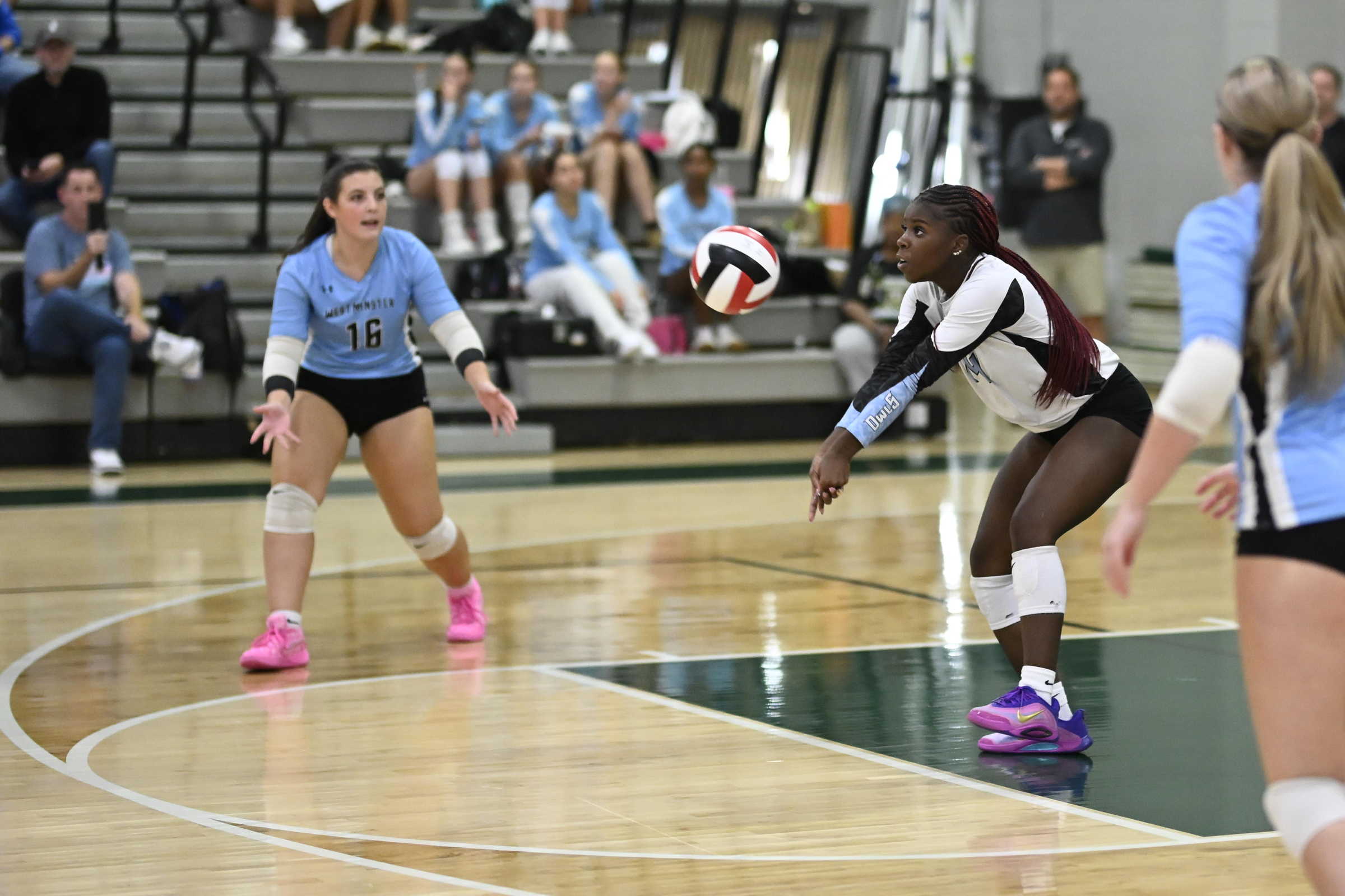 Westminster's Trinity Nelson hits the ball during a volleyball game...
