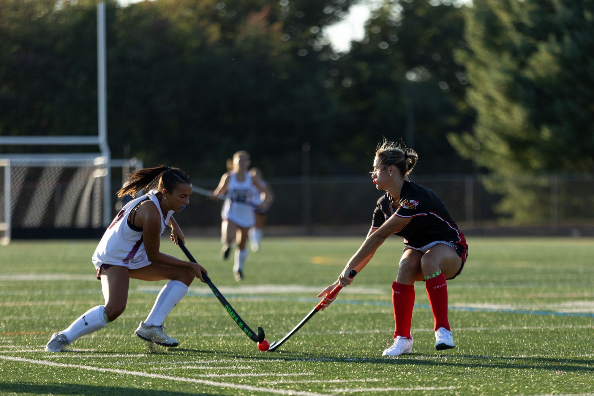 Raelyn Soares, left, and Kaitlyn Prosneiwski fight for possession during...