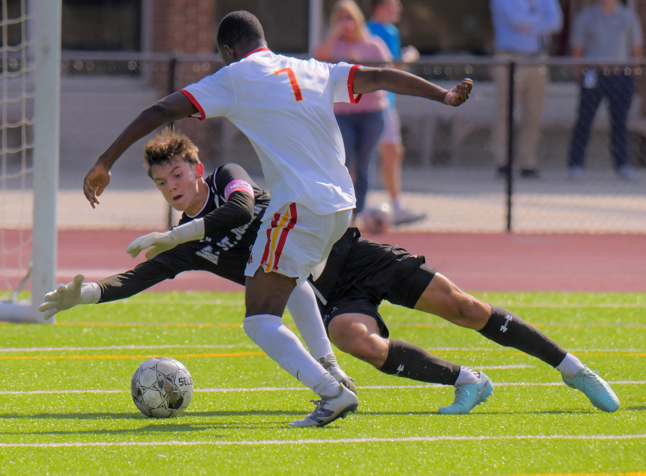 Mount Saint Joseph Gaels goalkeeper Jace Milnes beats Calvert Hall...