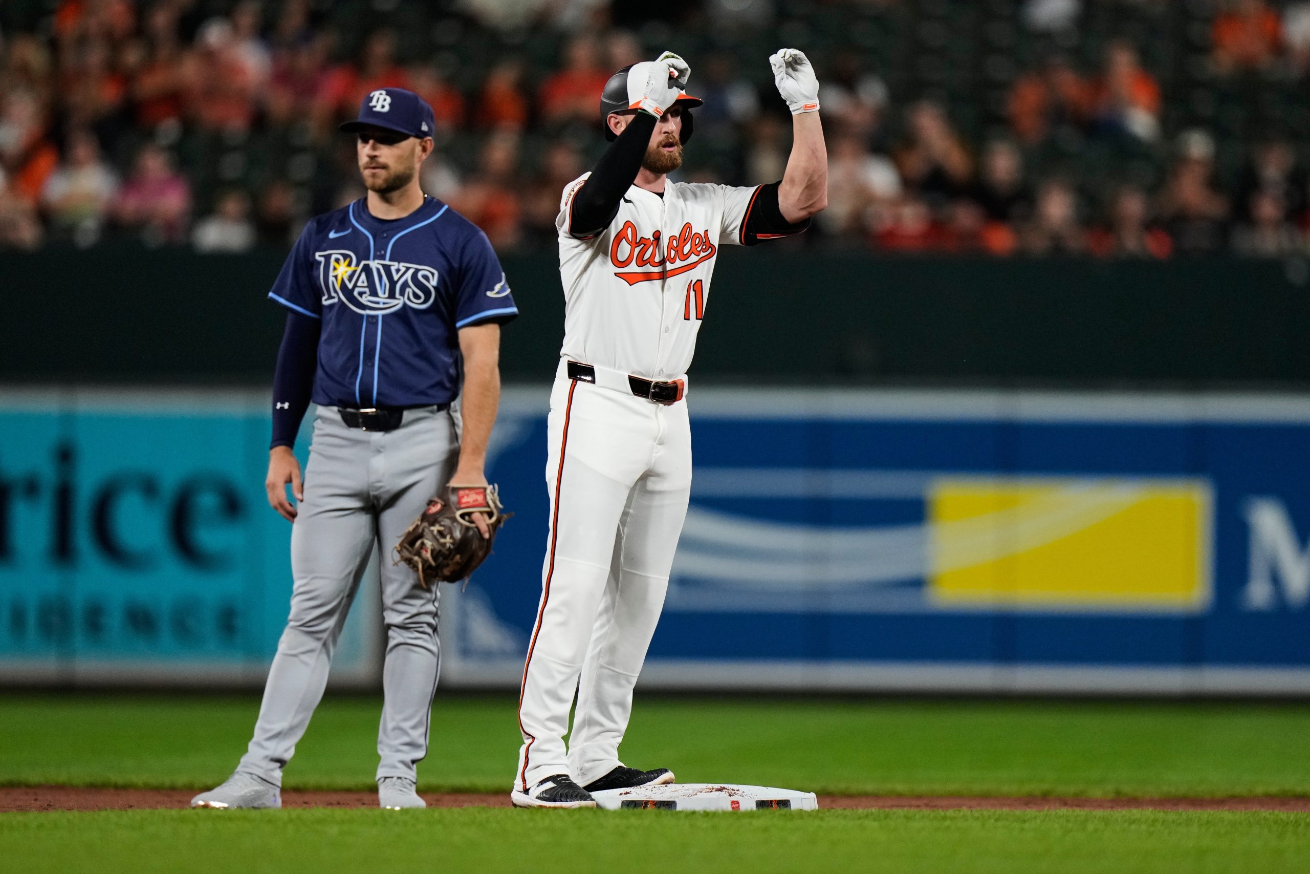 Baltimore Orioles' Jordan Westburg (11) celebrates after hitting a double...