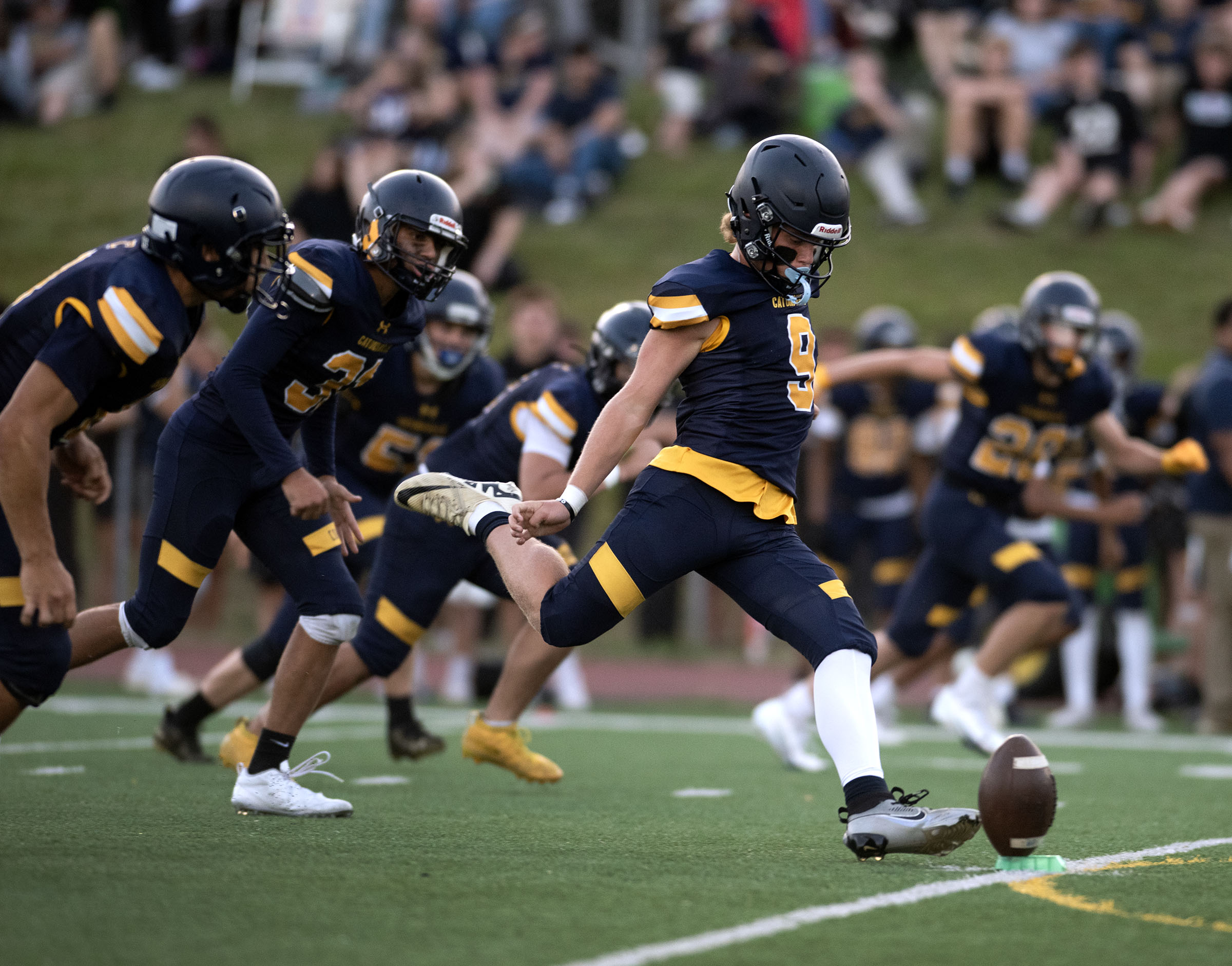 Sept. 12, 2025- Catonsville kicker Logan Bates starts the second...