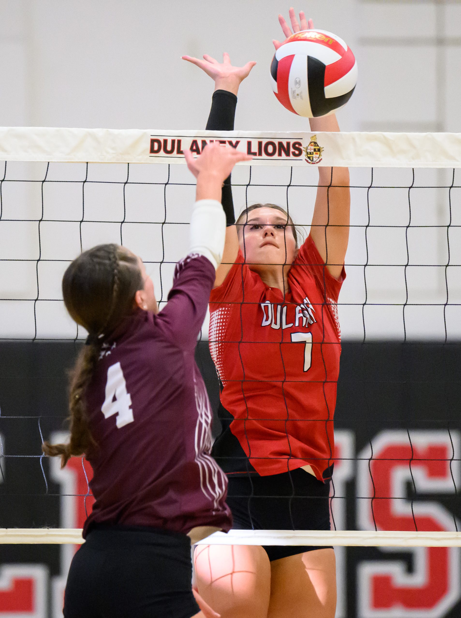 Dulaney’s Serafina Reckamp, right, blocks against Towson’s Madi McGinness during...