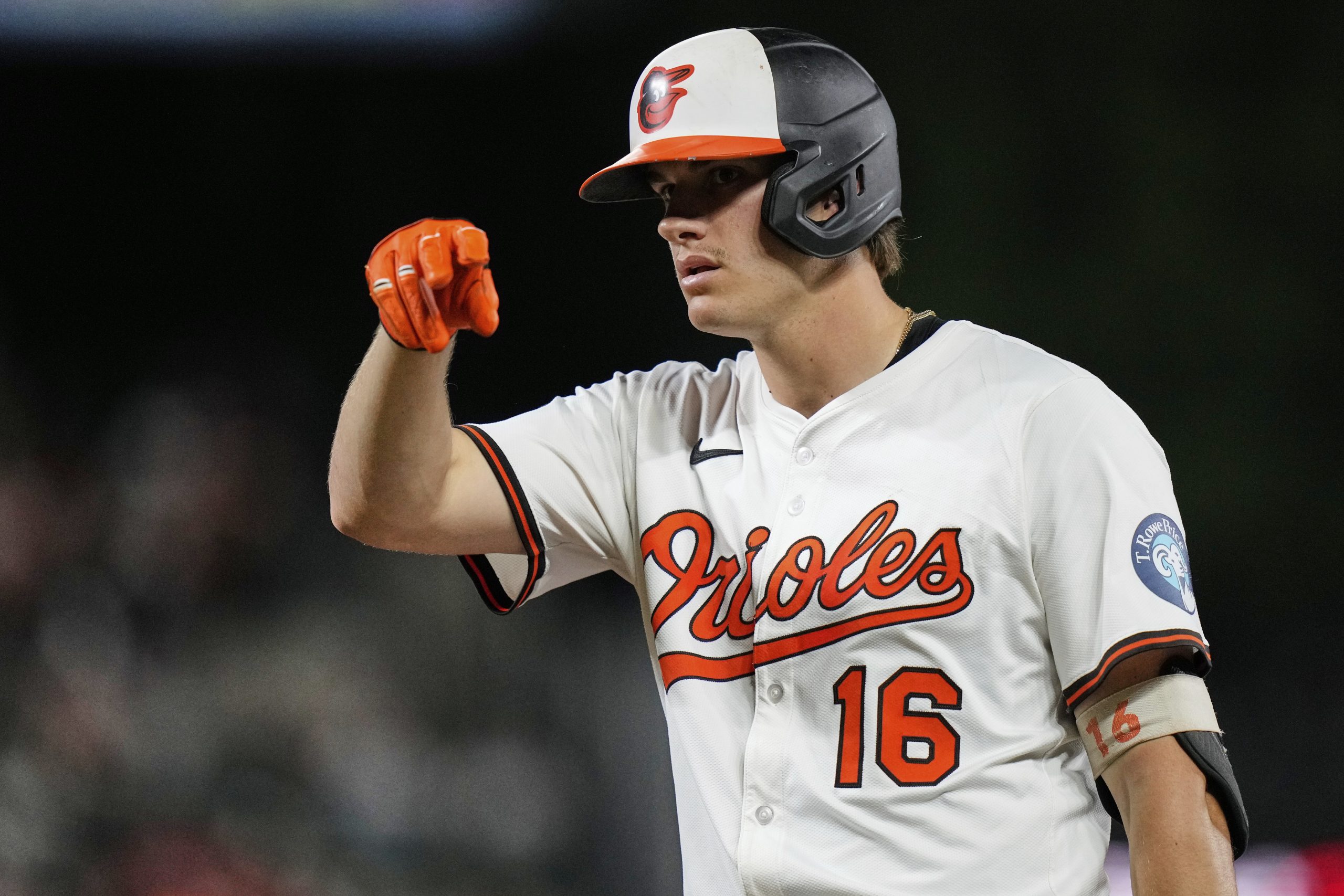 Baltimore Orioles' Coby Mayo (16) celebrates after hitting a single...