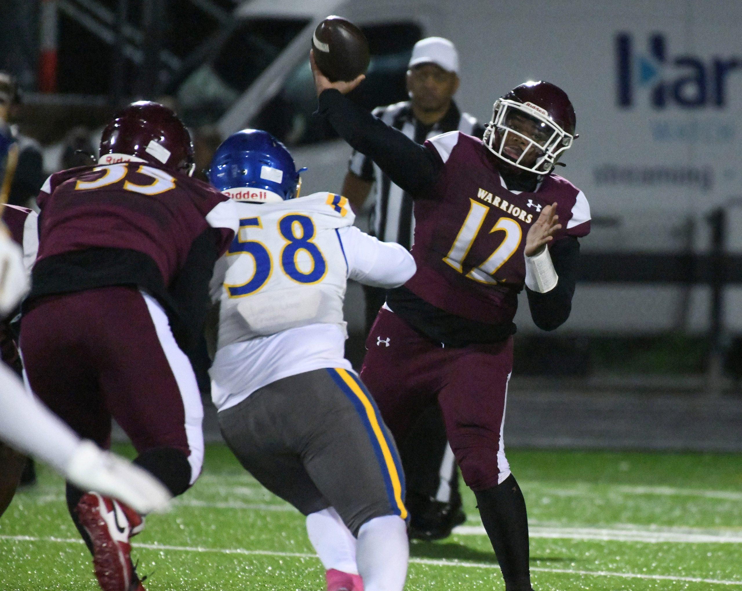 Havre de Grace's Julian Ringgold releases a pass against Aberdeen...