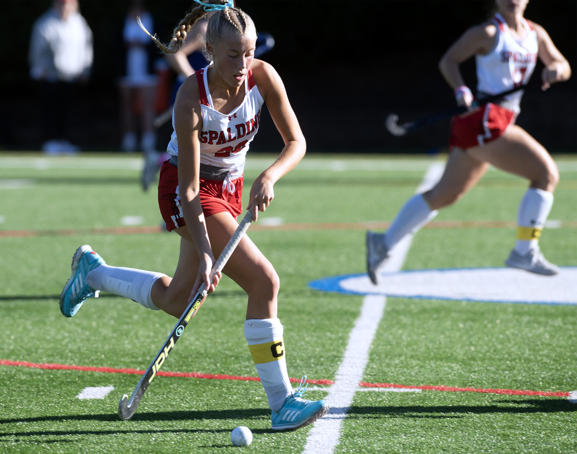Oct. 9, 2025- Spalding’s Paige Sanborn takes the ball downfield...