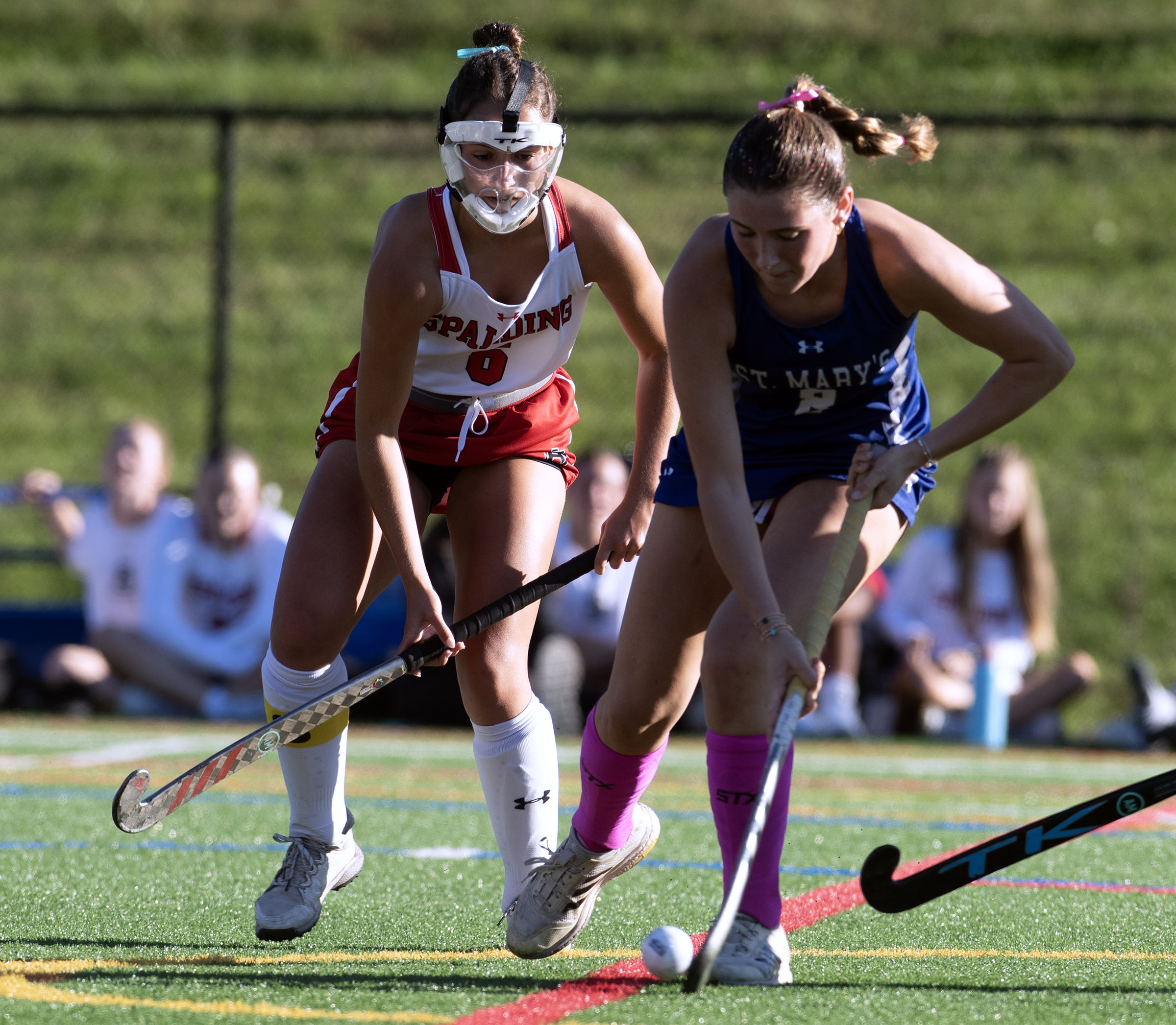 Oct. 9, 2025- St. Mary’s Ava Boland, right, moves in...
