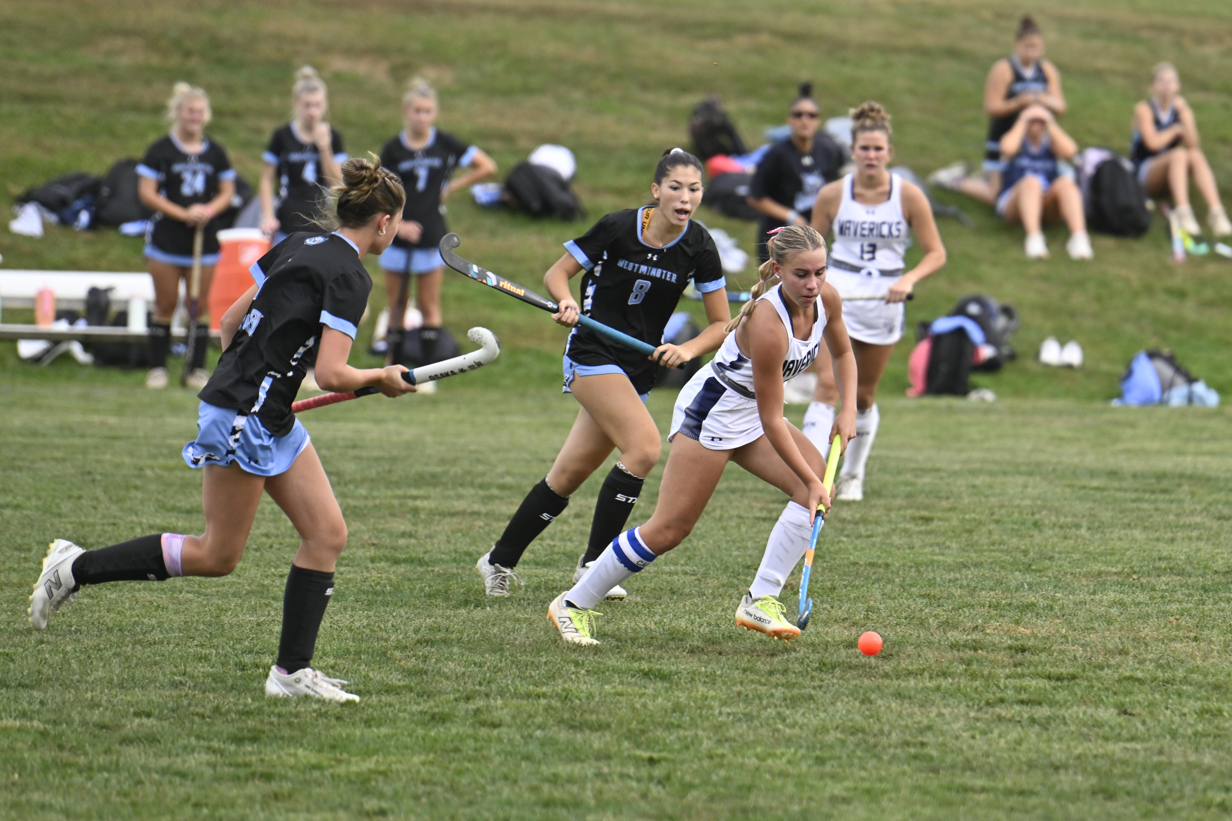 Manchester Valley's Georgia Wurzburger moves the ball around the Westminster...