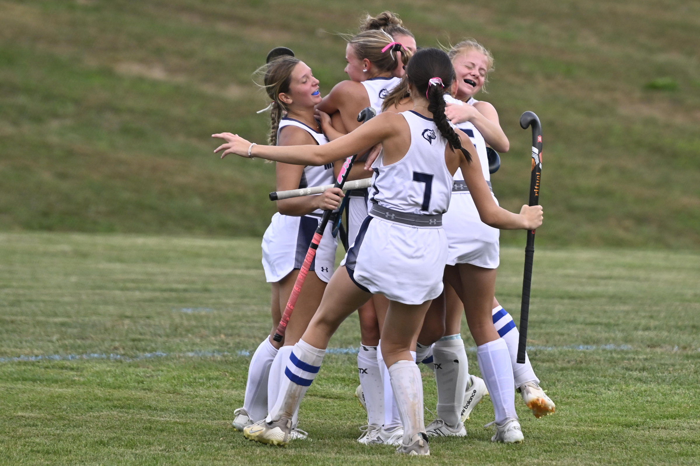 The Manchester Valley team celebrates a goal during a field...