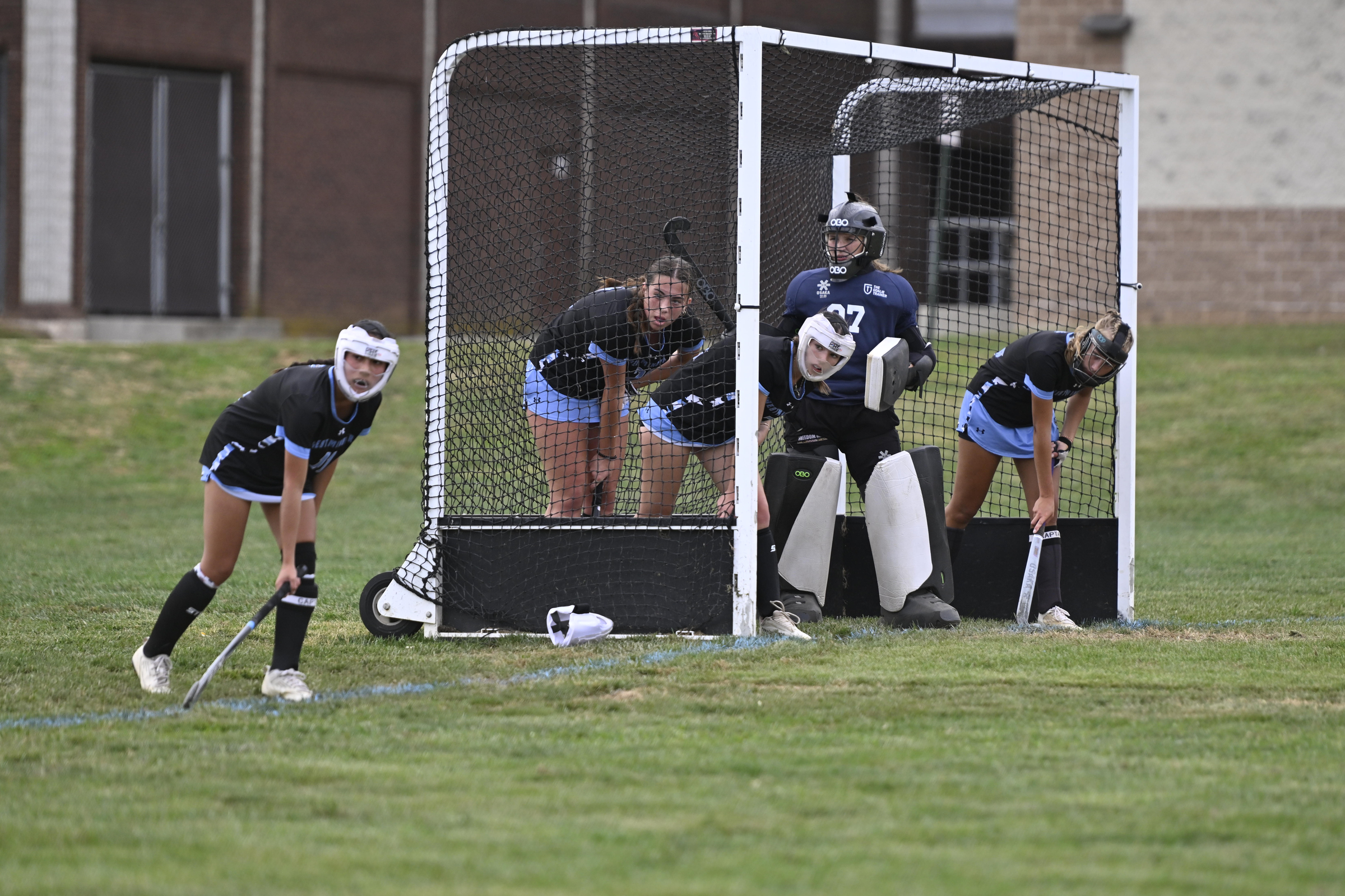 The Westminster defense lines up for a penalty corner during...