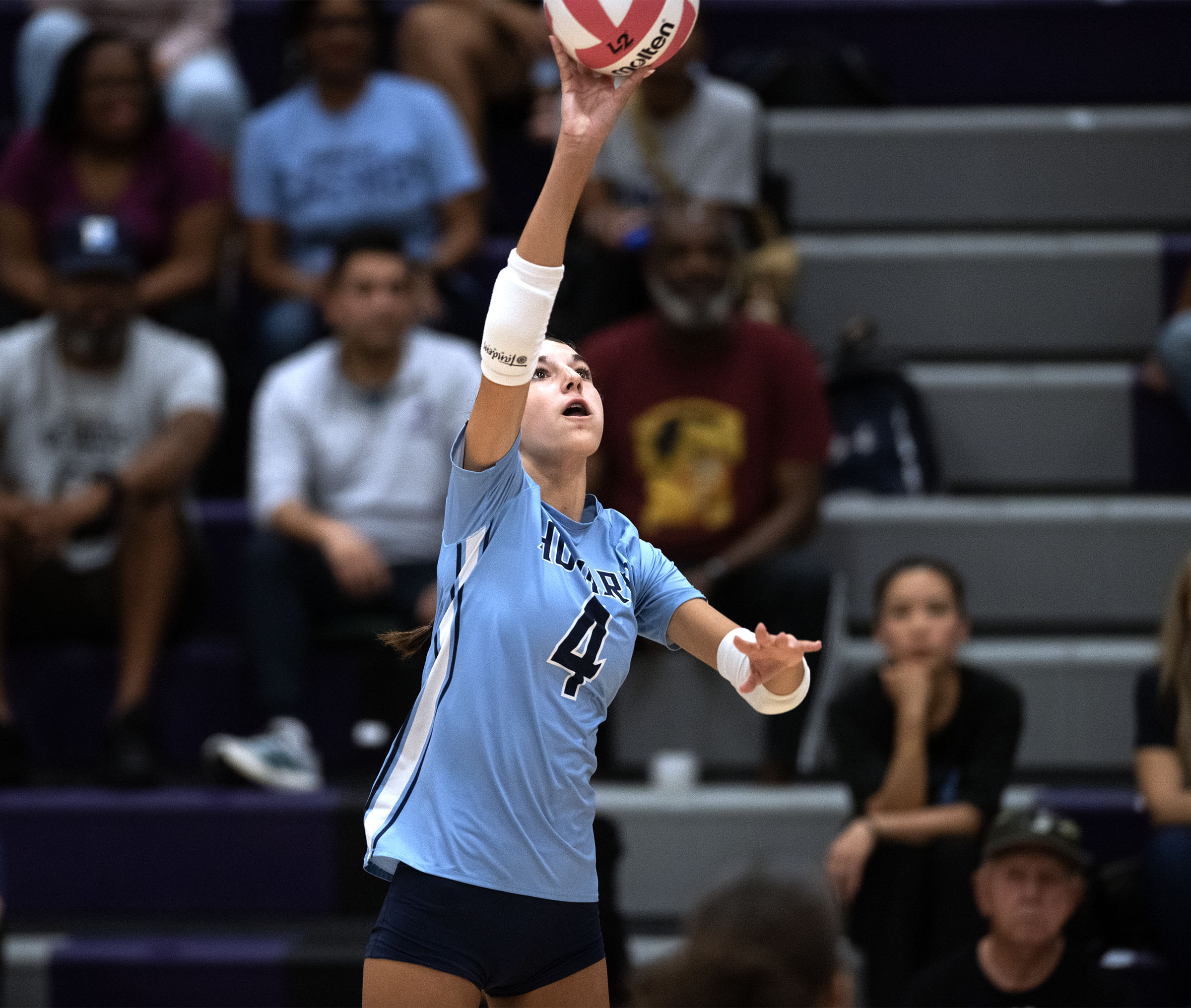 Oct. 6, 2025- Howard's Anna Fiedler sends the ball over...