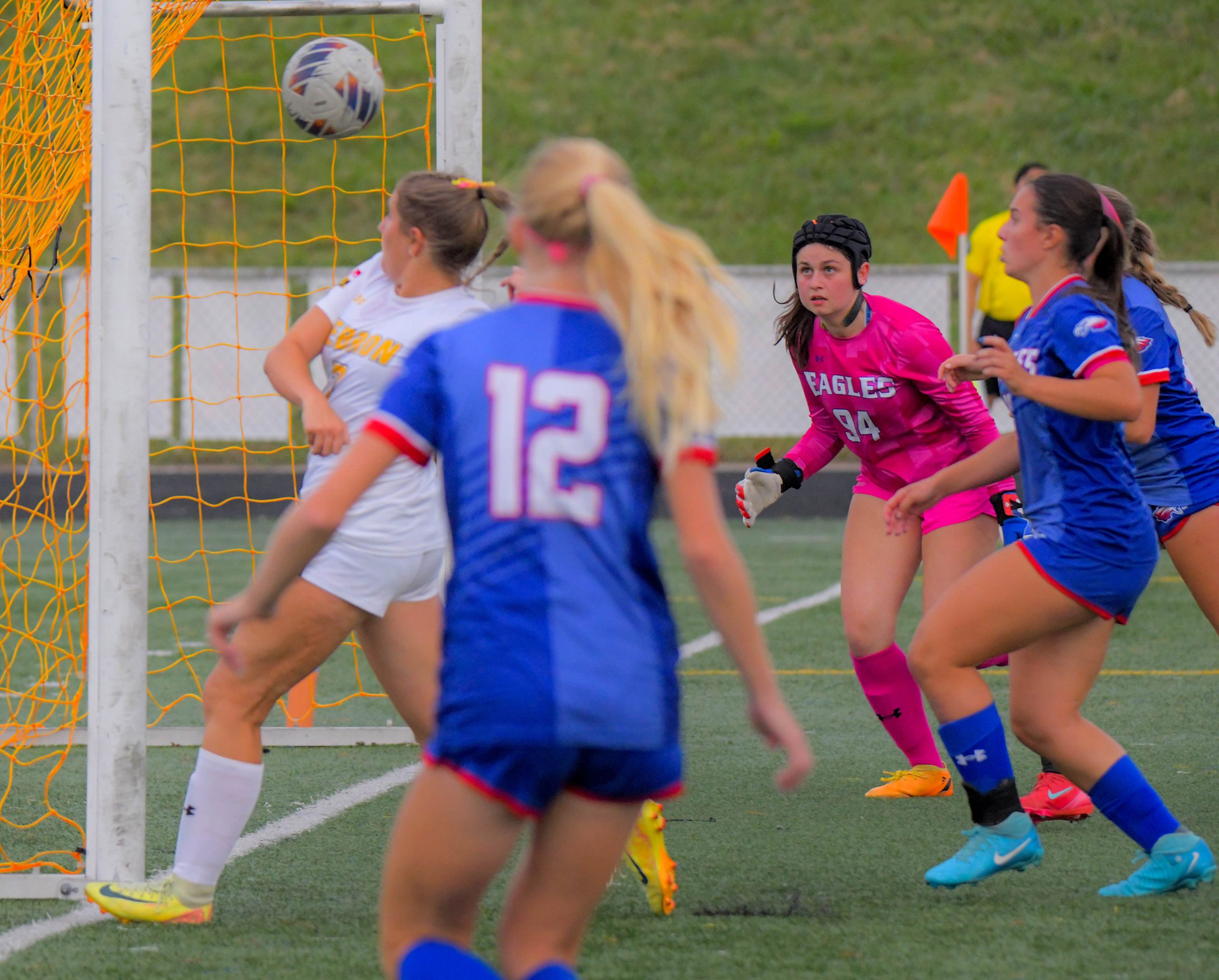 Centennial Eagles goalkeeper Chitra Sullivan watches as Mount Hebron Vikings...
