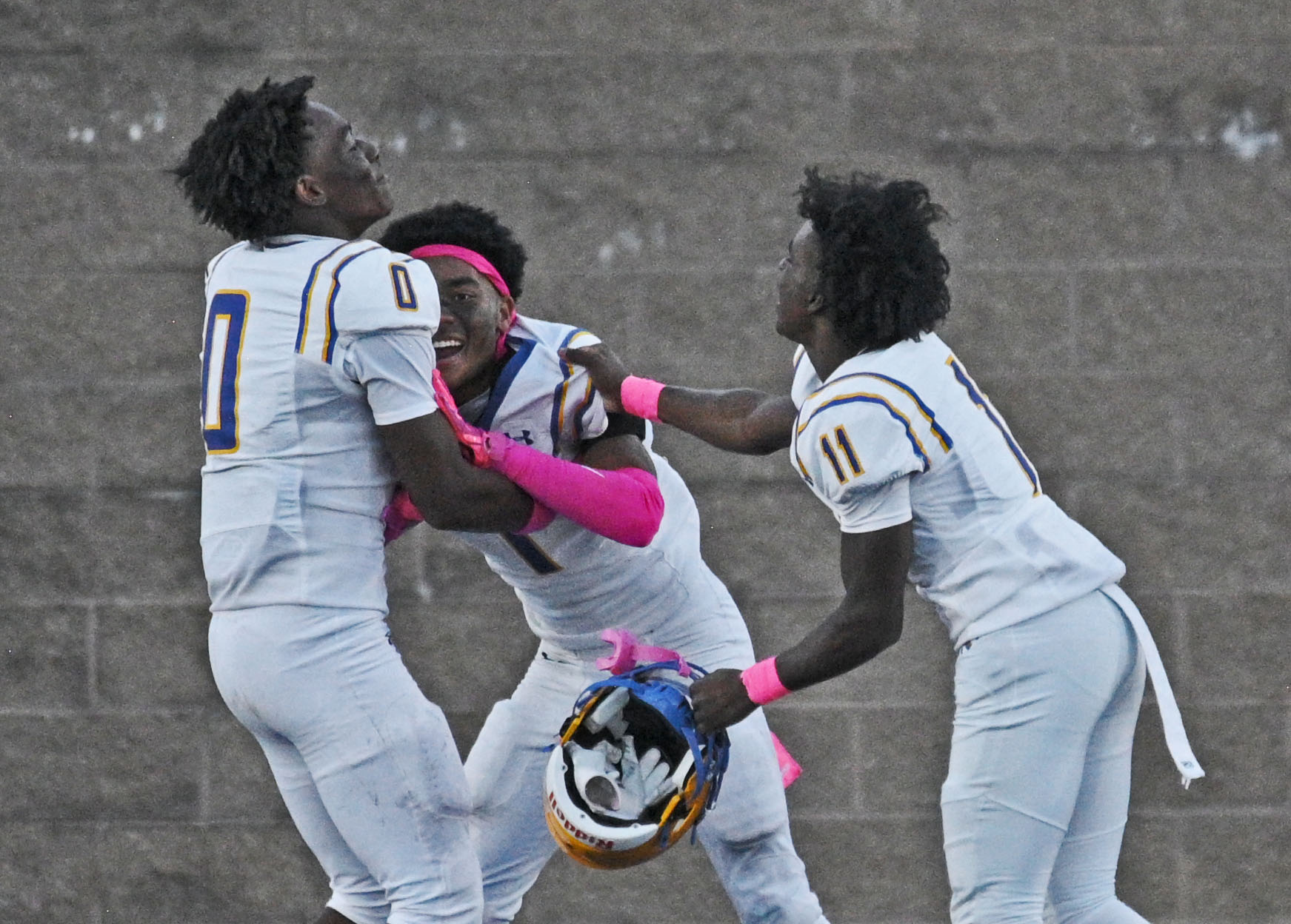 Mervo’s Leighton Curtis, left, and Angelo Laprade, right, celebrate teammate...